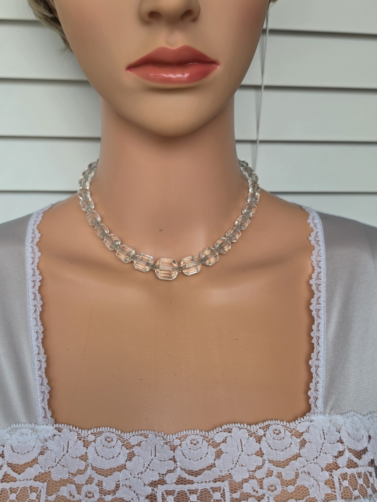 Vintage Clear Faceted Crystal Glass Cube Cut Bead Necklace Art Deco Style 15”