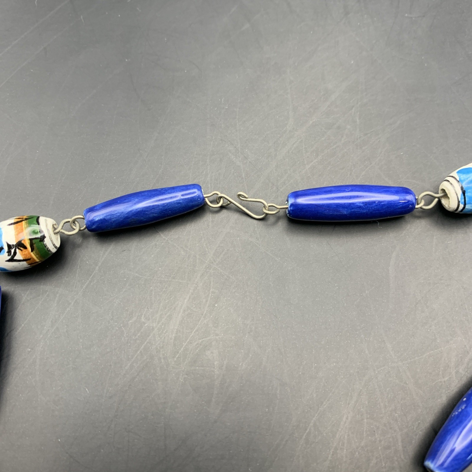 Ceramic Hand Painted Necklace Folk Art Ethnic Peruvian ? Blue Beaded Vintage