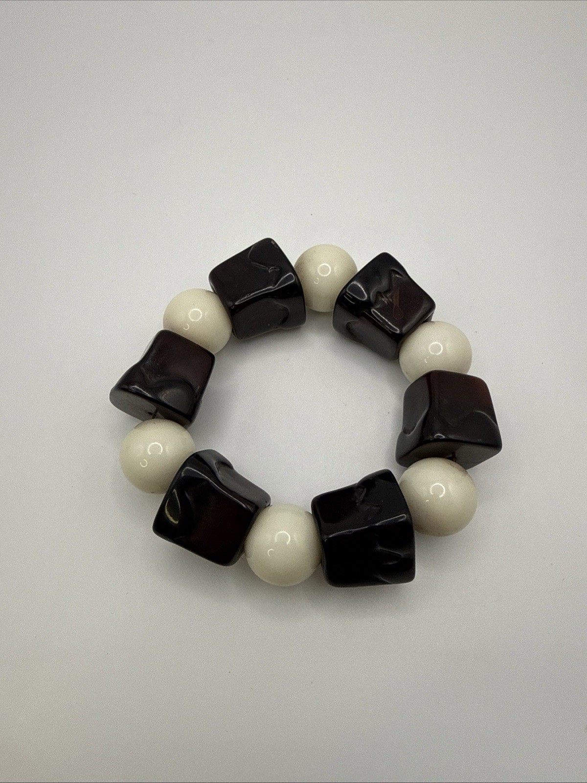 Vintage Chunky Brown & White Lucite Bead Stretch Bracelet Statement