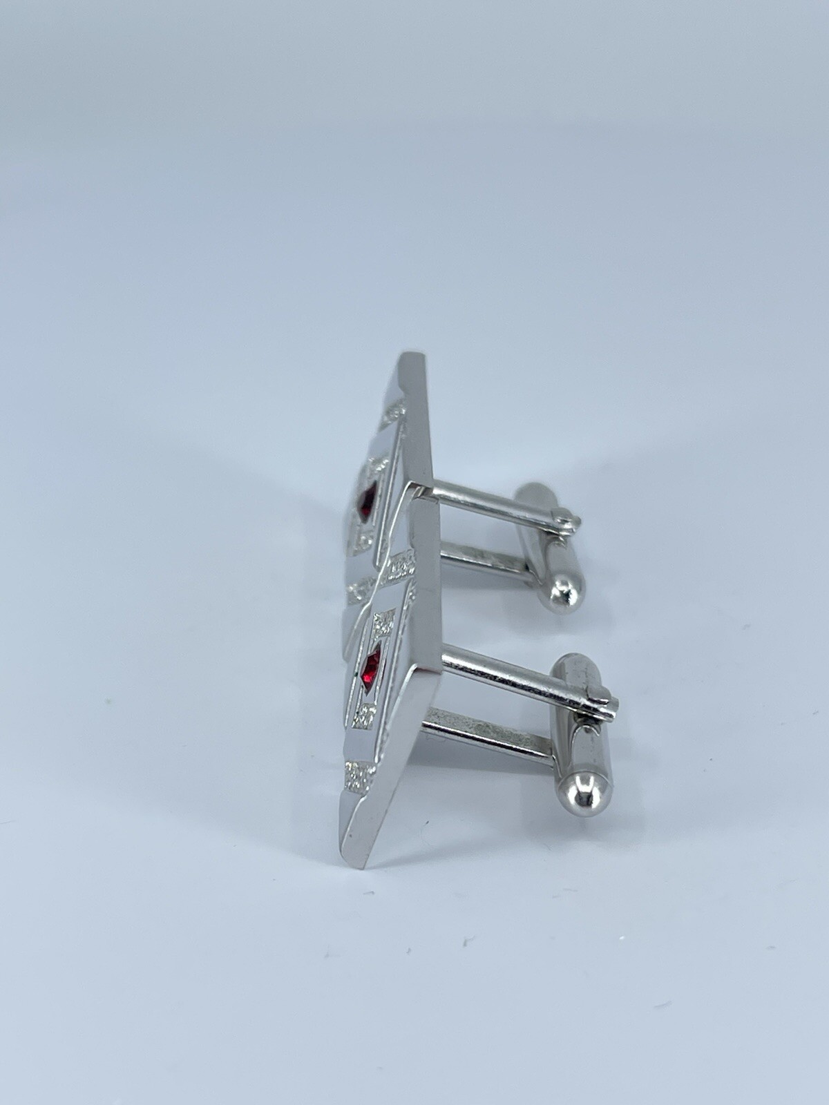 Swank rectangle cufflinks red rhinestone brushed polished silver tone