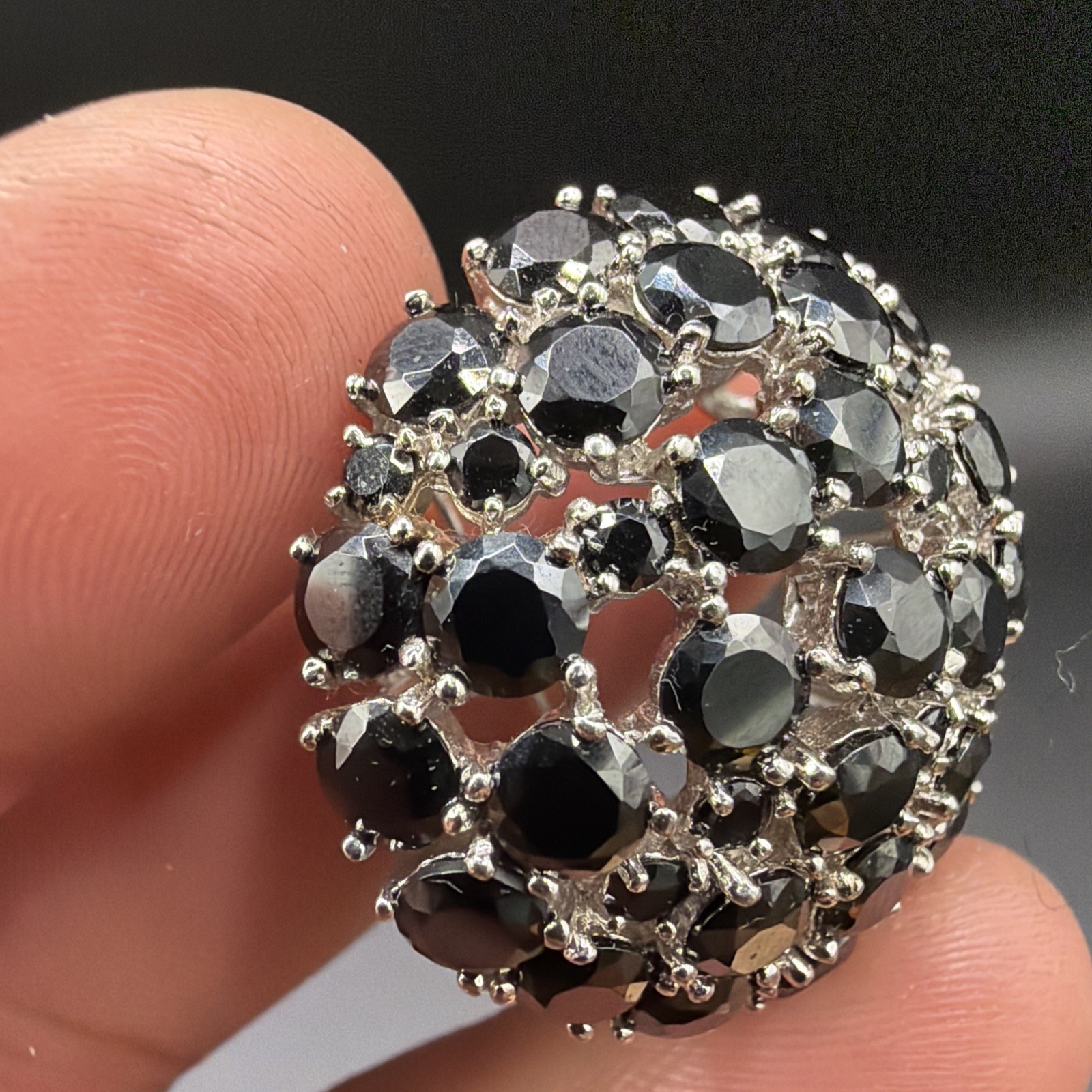 Vintage Warner Black Faceted Rhinestone Cluster Round Domed Brooch Gold Tone