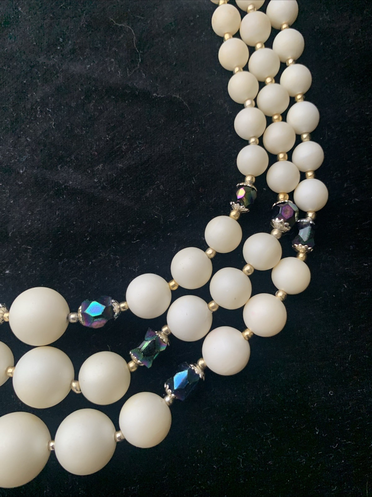 MCM Costume Graduated Three Strand Necklace Ivory Gold and Black Aurora Beads