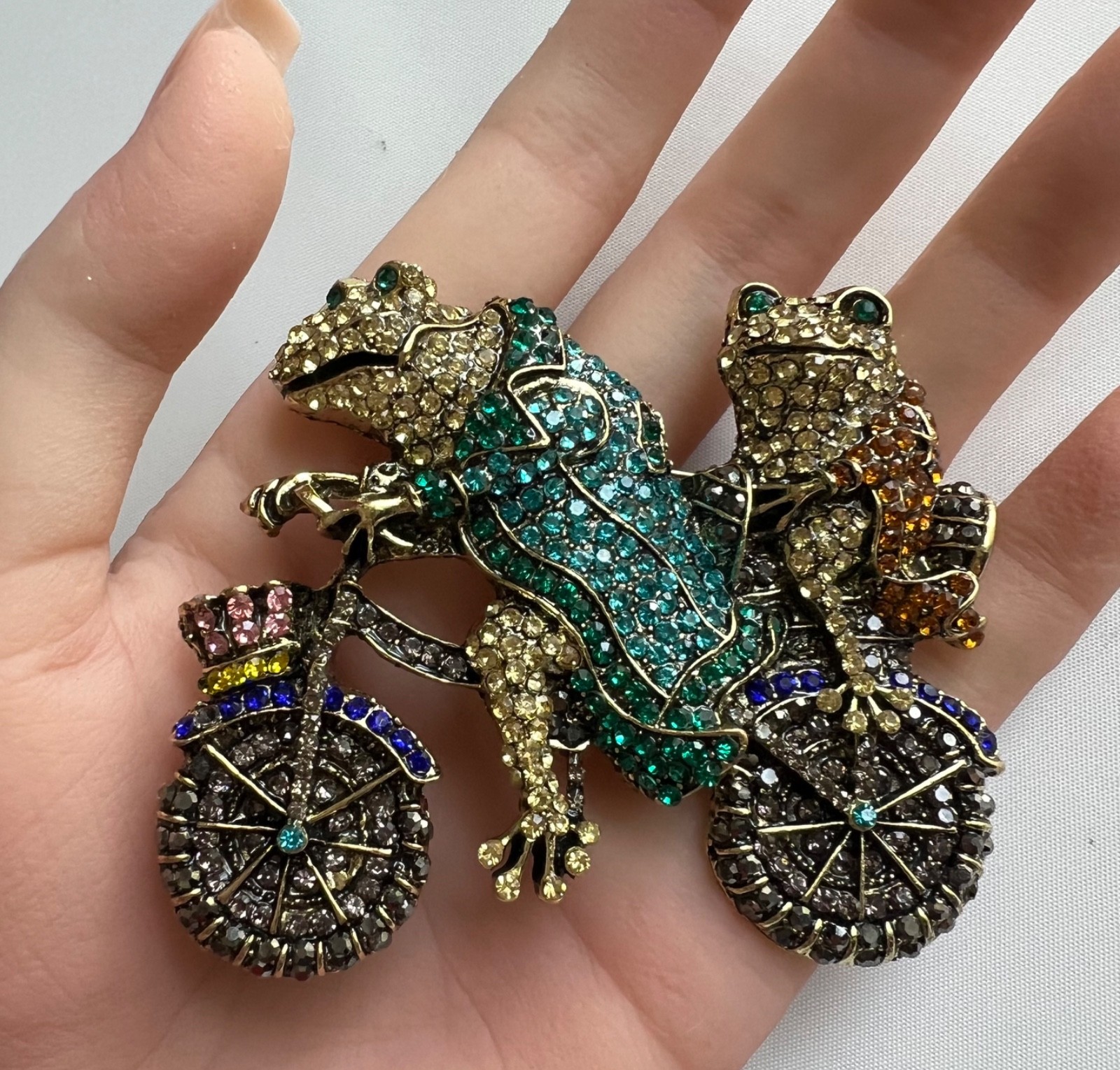 Large Whimsical Frog Pin Rhinestone Toad RIDING bike prince crown vtg Brooch