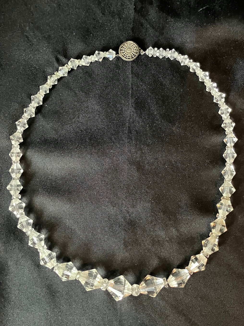 Vintage Art Deco Faceted Crystal Necklace Silver Chain Faceted Bi-cone Beads 16″