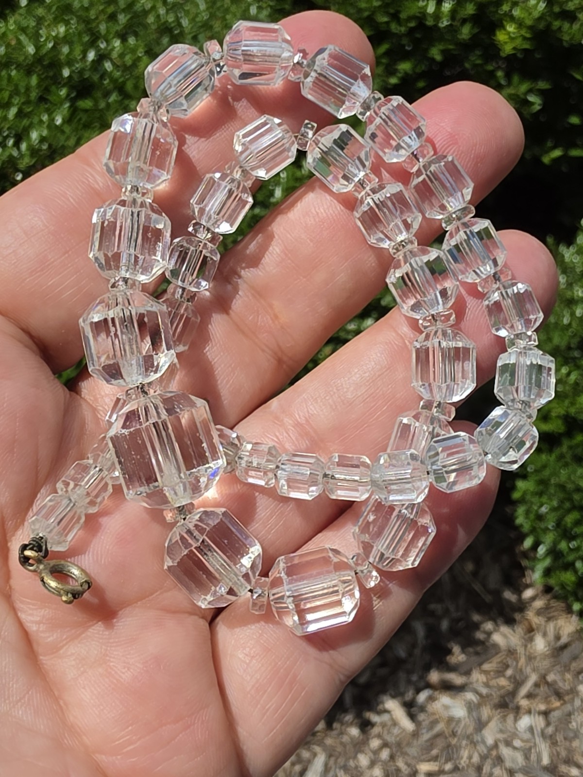 Vintage Clear Faceted Crystal Glass Cube Cut Bead Necklace Art Deco Style 15”