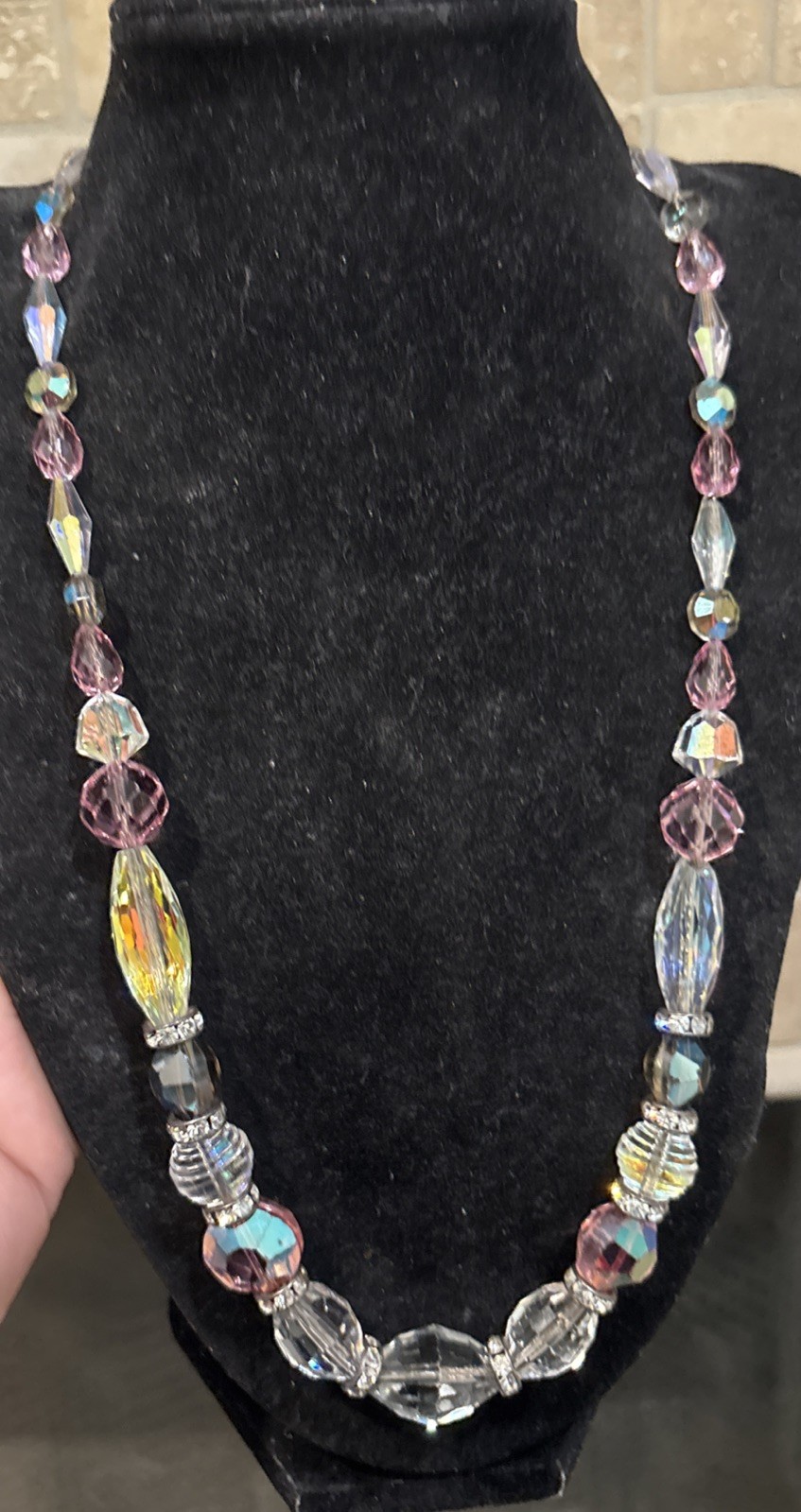 Vintage Stunning Pink Clear Ab Crystal Bead Rhinestone Necklace 21”