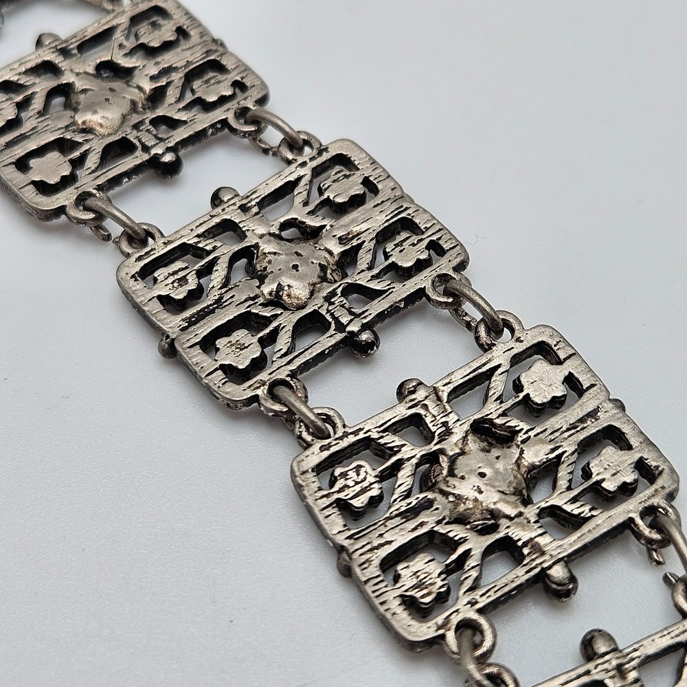 VINTAGE Art Deco Filigree Rhinestone Flower Articulated Panel Link Bracelet