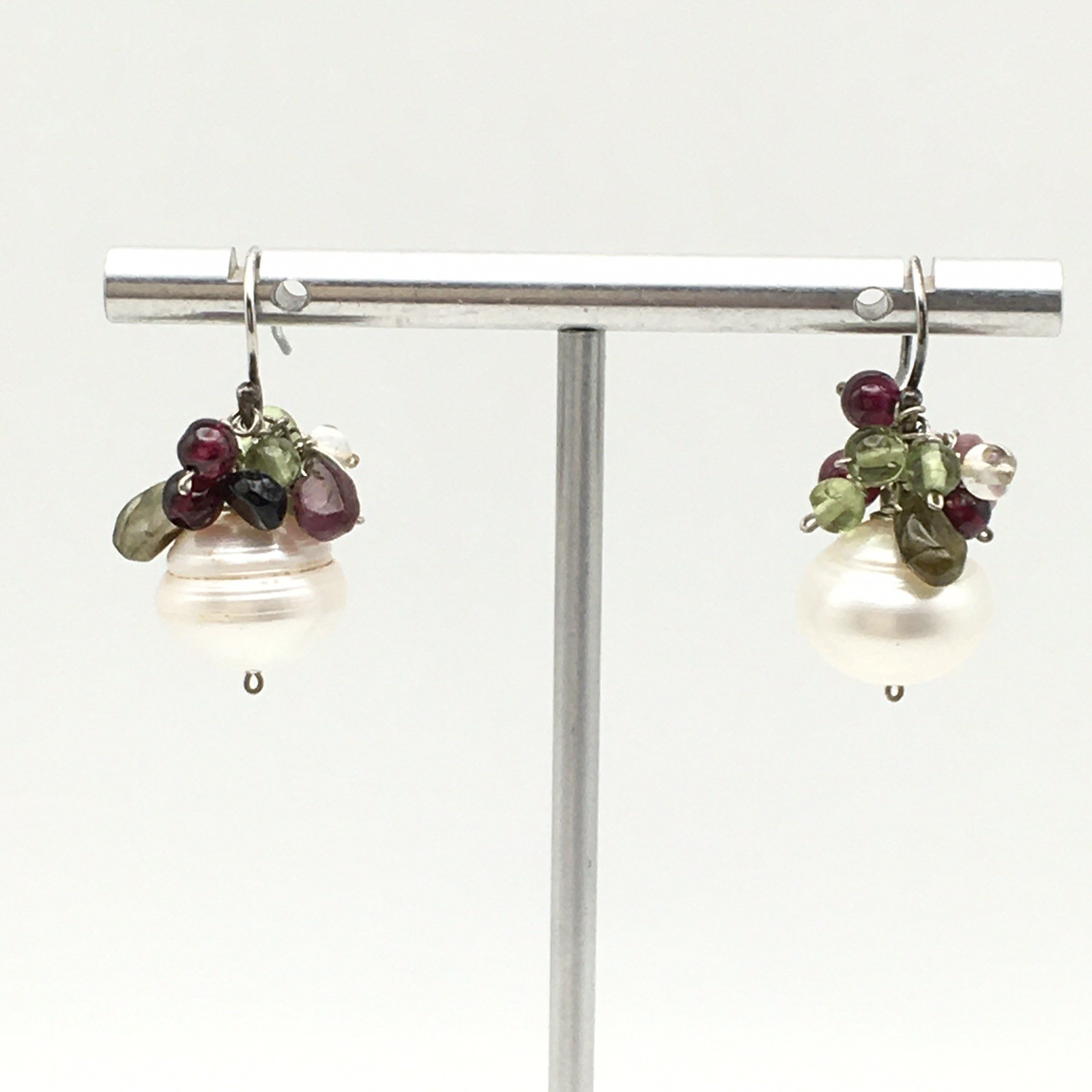 Vintage Sterling Silver Pearl Garnet Green Stone Hook Dangle Earrings 925 8g #92