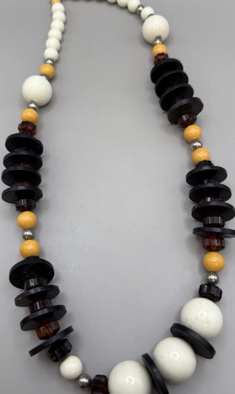 VTG Chunky Beaded Statement Necklace Cream , Amber Yellow , Black Mixed Beads