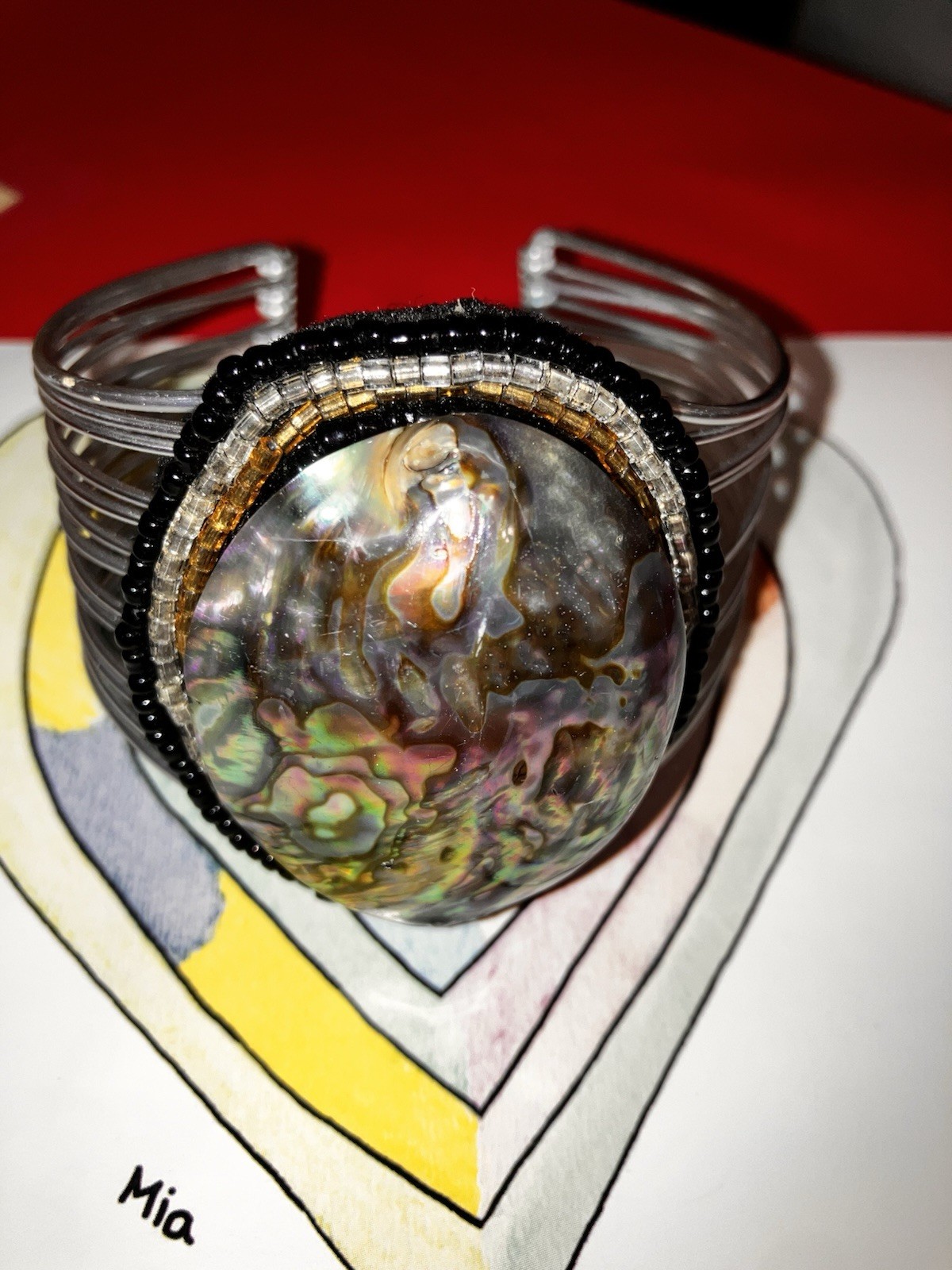 Vintage Showy Large Abalone Shell & Seed Beads Clamper Cuff Bracelet