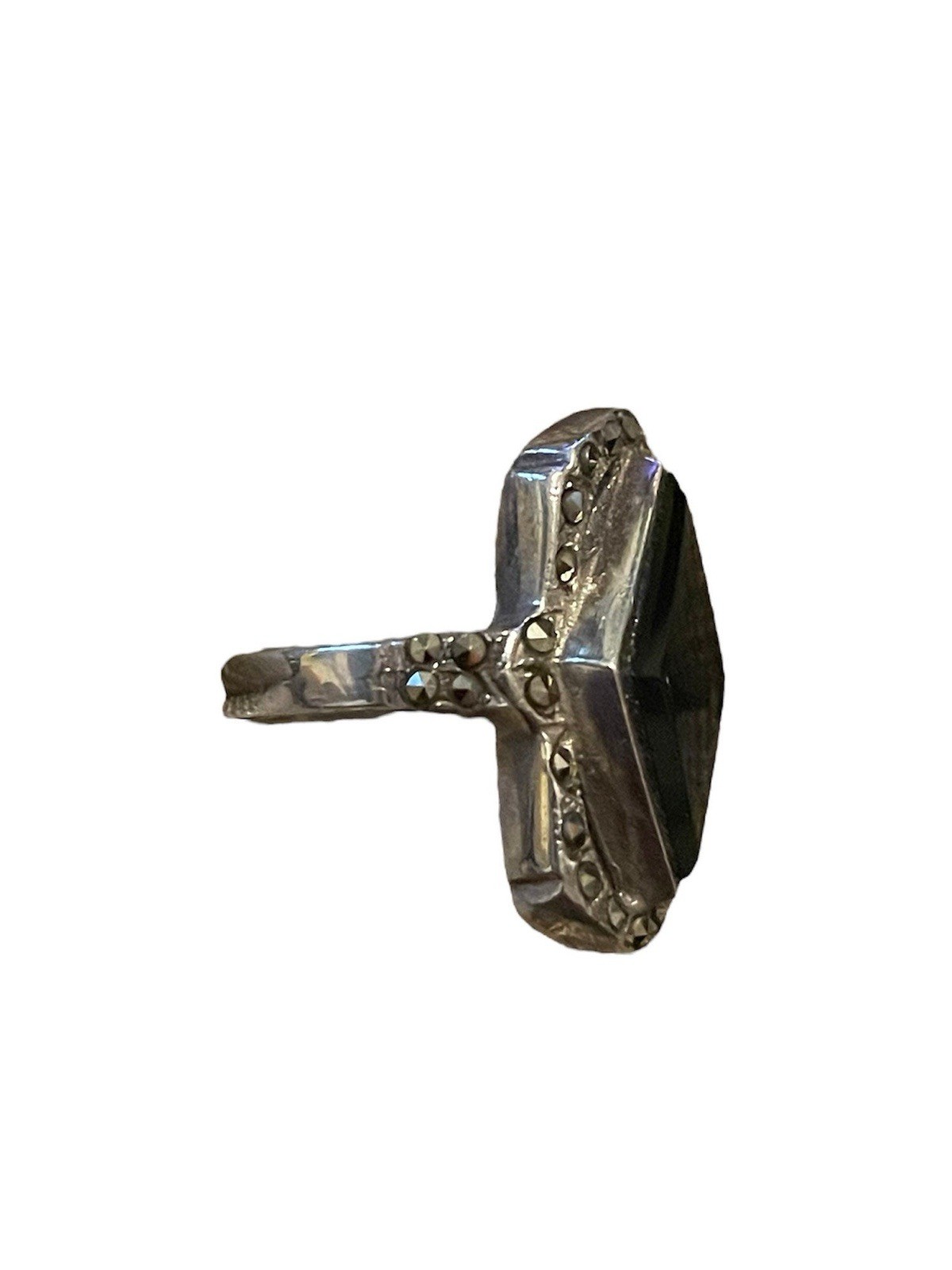 Diamond Black Onyx & Marcasite Sterling Silver Art Deco Ring
