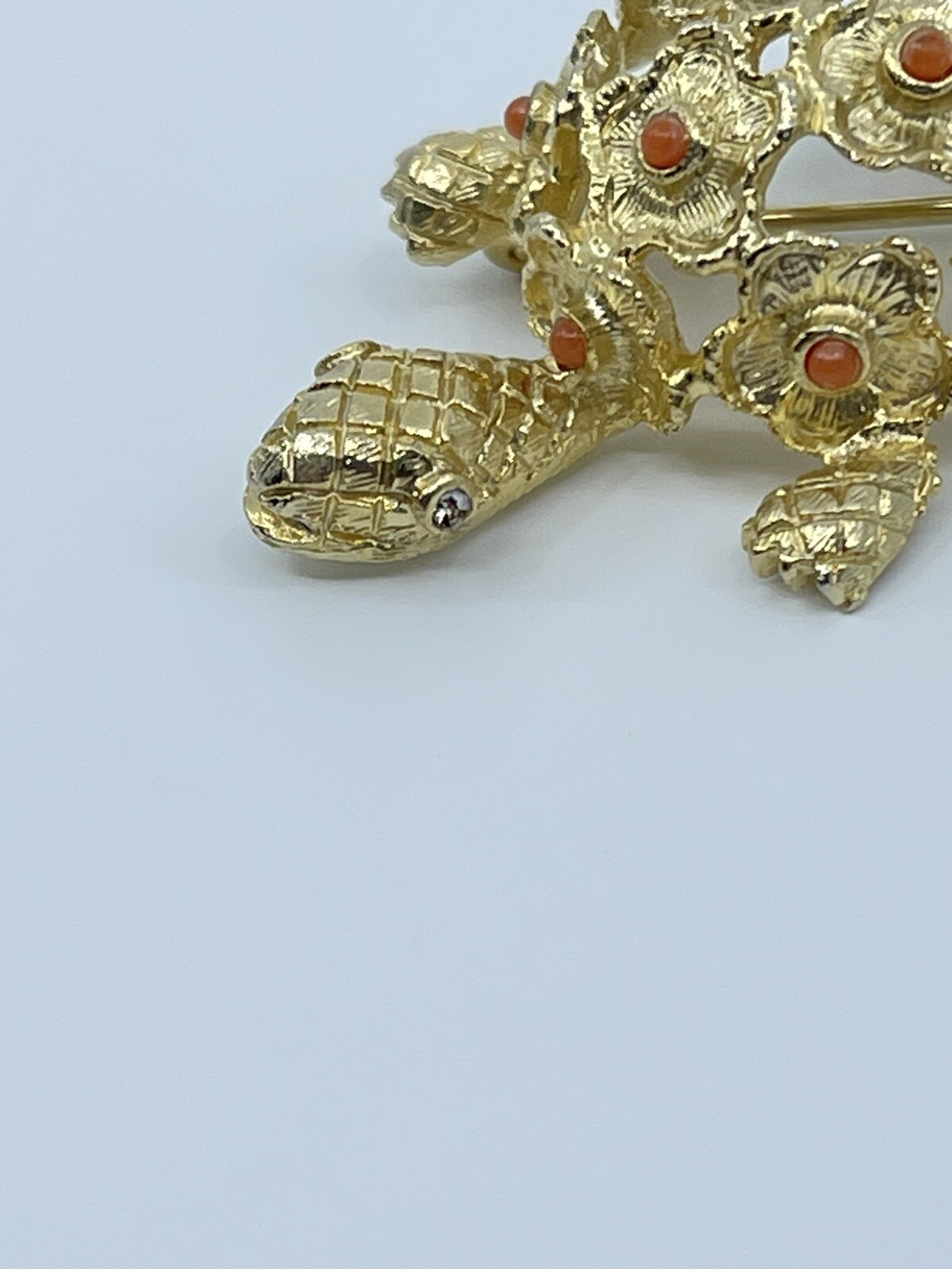 Vintage Brooch Pin De Nicola turtle faux coral and green rhinestone 1-3/4″