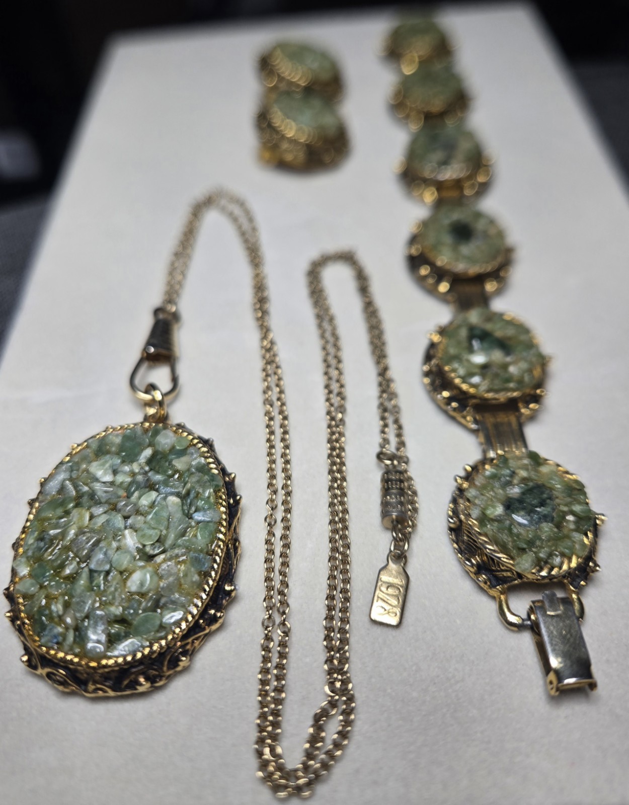 Antique Circa 1920s Jewelry Set Bracelet Earrings Necklace Ring Jade Chips