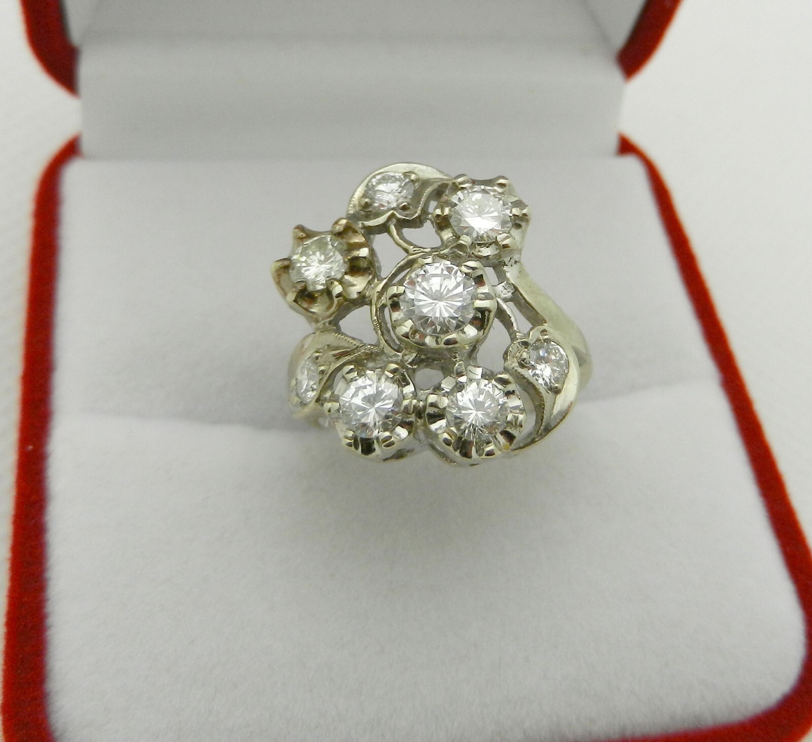 Vintage Art Deco 14k White Gold Cluster Natural Diamonds 1.25 ct Cocktail Ring