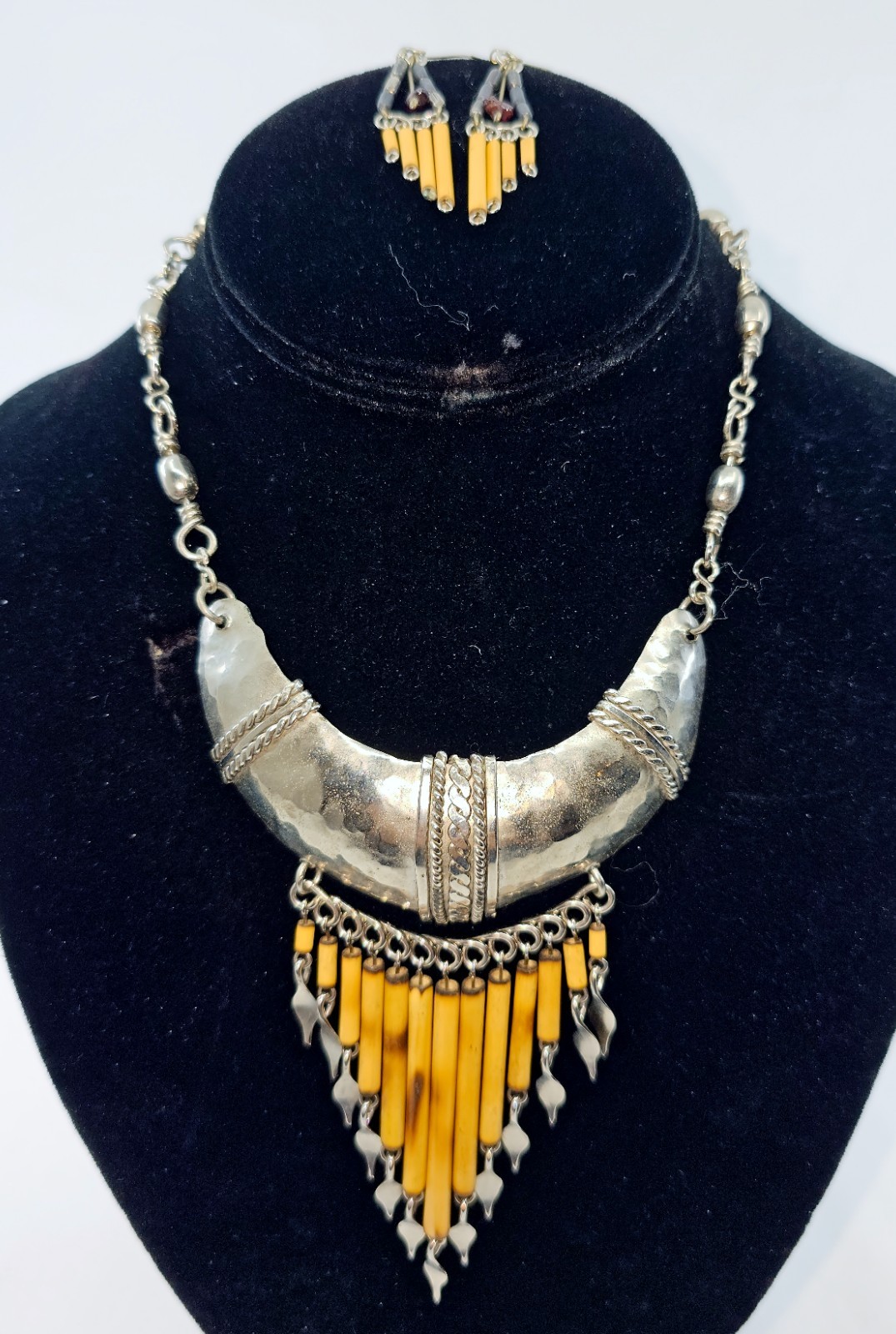 Vintage Peruvian Bamboo Tassel with Brown Stone Necklace & Earrings Set / Boho