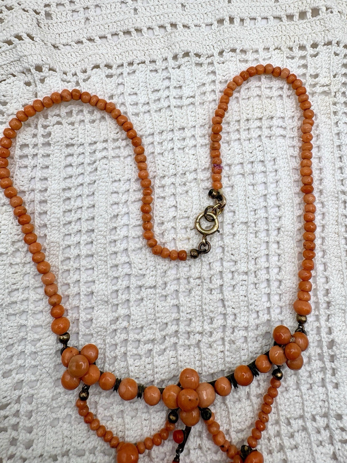 Antique Sterling Natural Mediterranean Salmon Coral Festoon Dangle Necklace 16”