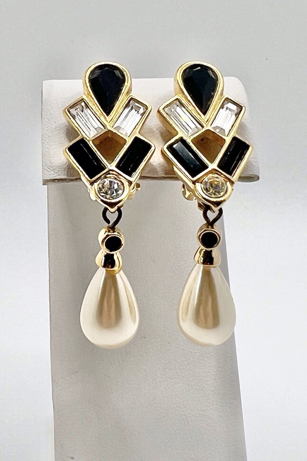 S.A.L. SWAROVSKI Crystal Pearl Drop Art Deco Inspired Gold Tone Clip Earrings