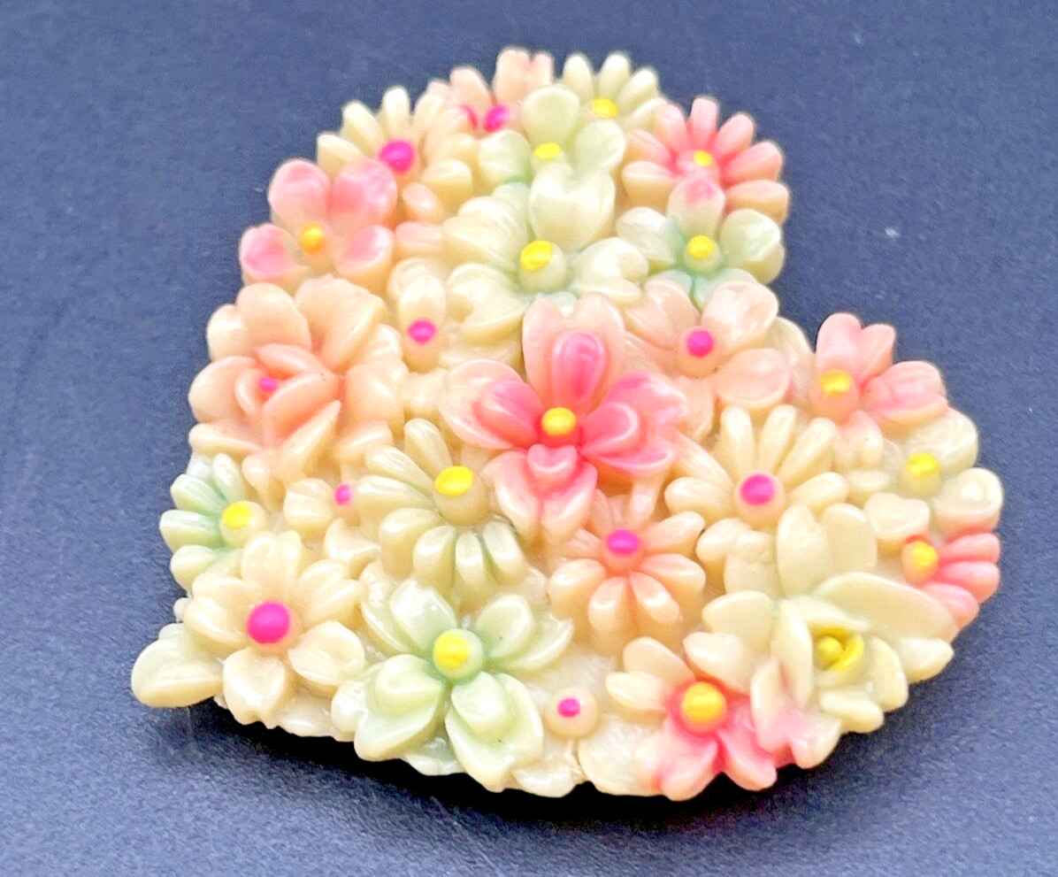 Vintage Carved Celluloid Heart BLOOMING Flowers Pink Lime Green Fur Dress Clip