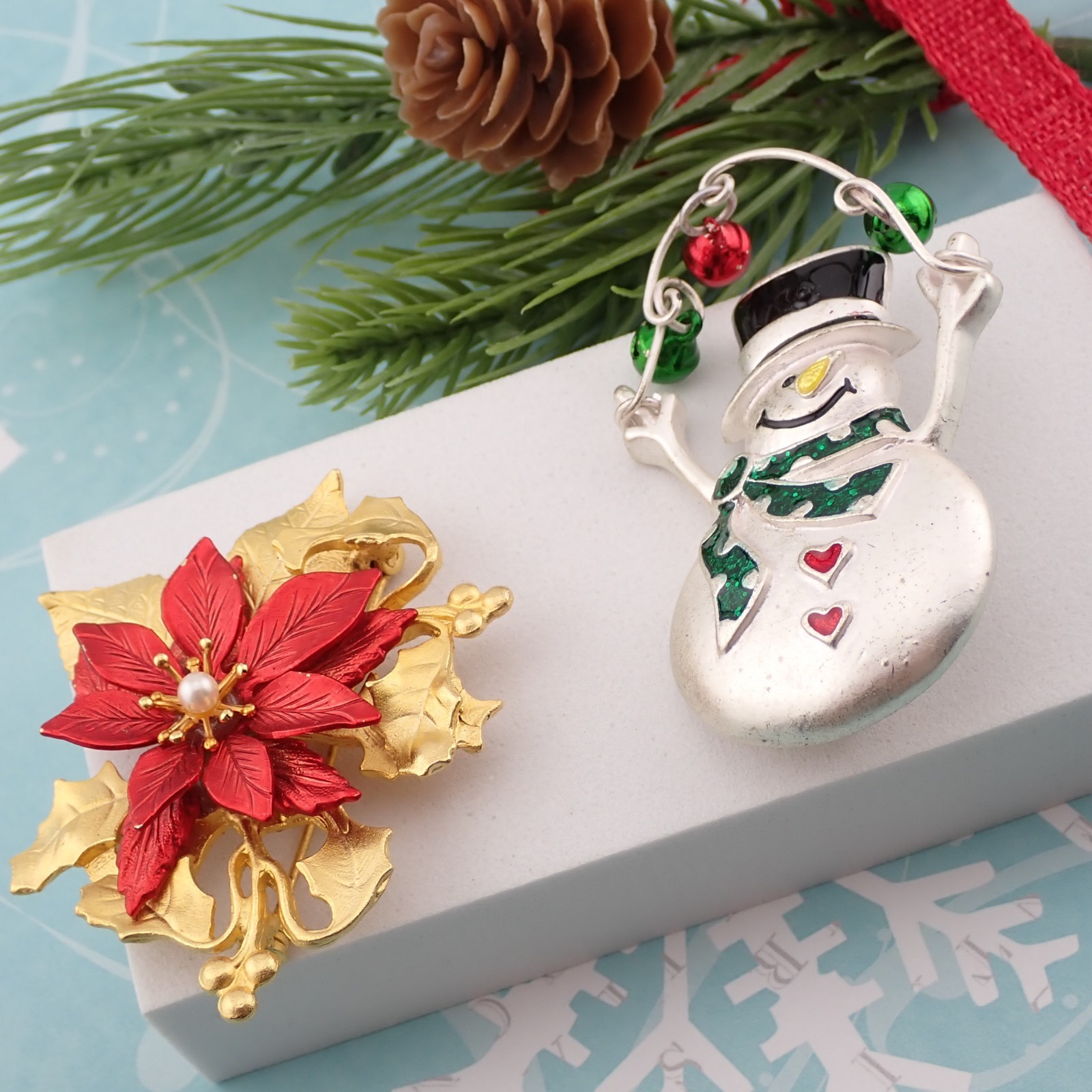 Vintage Snowman Holiday Red Poinsettia Enamel Christmas Pin Brooch Collection