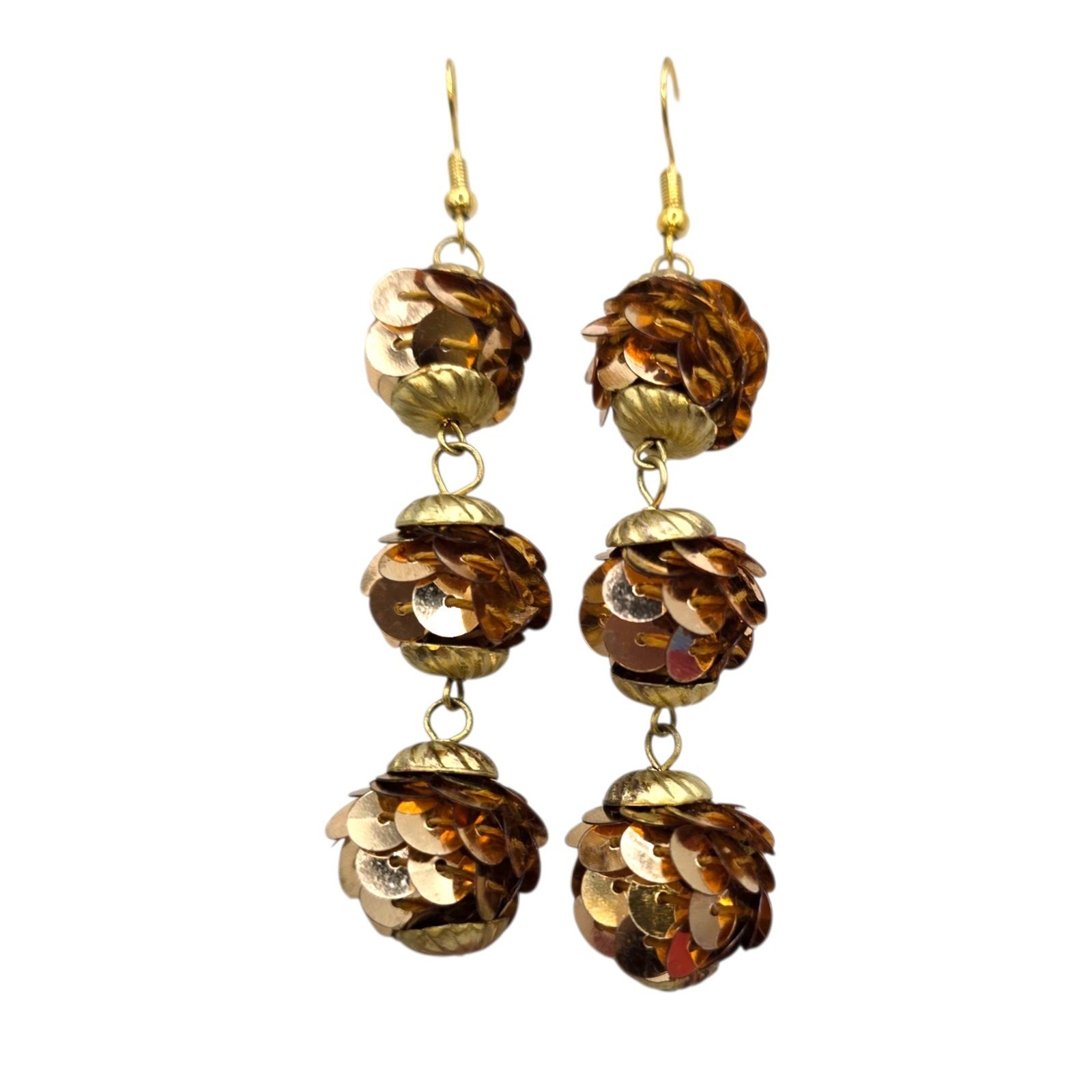 Pierced Earrings Vintage Sequins Gold Tone Three Tier Ball Dangle Retro Fashion