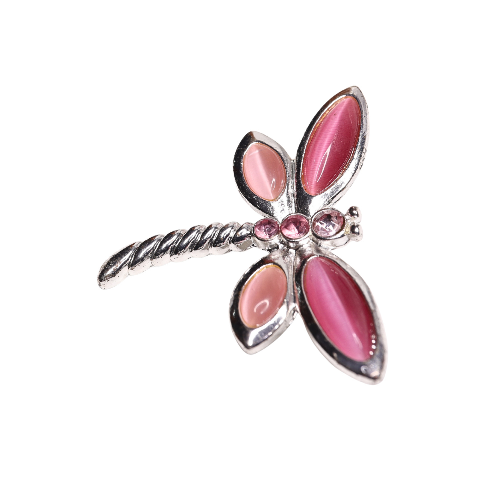 Silver Tone And Pink Crystal Dragonfly Brooch With Safety Clasp Closure – 1.75″