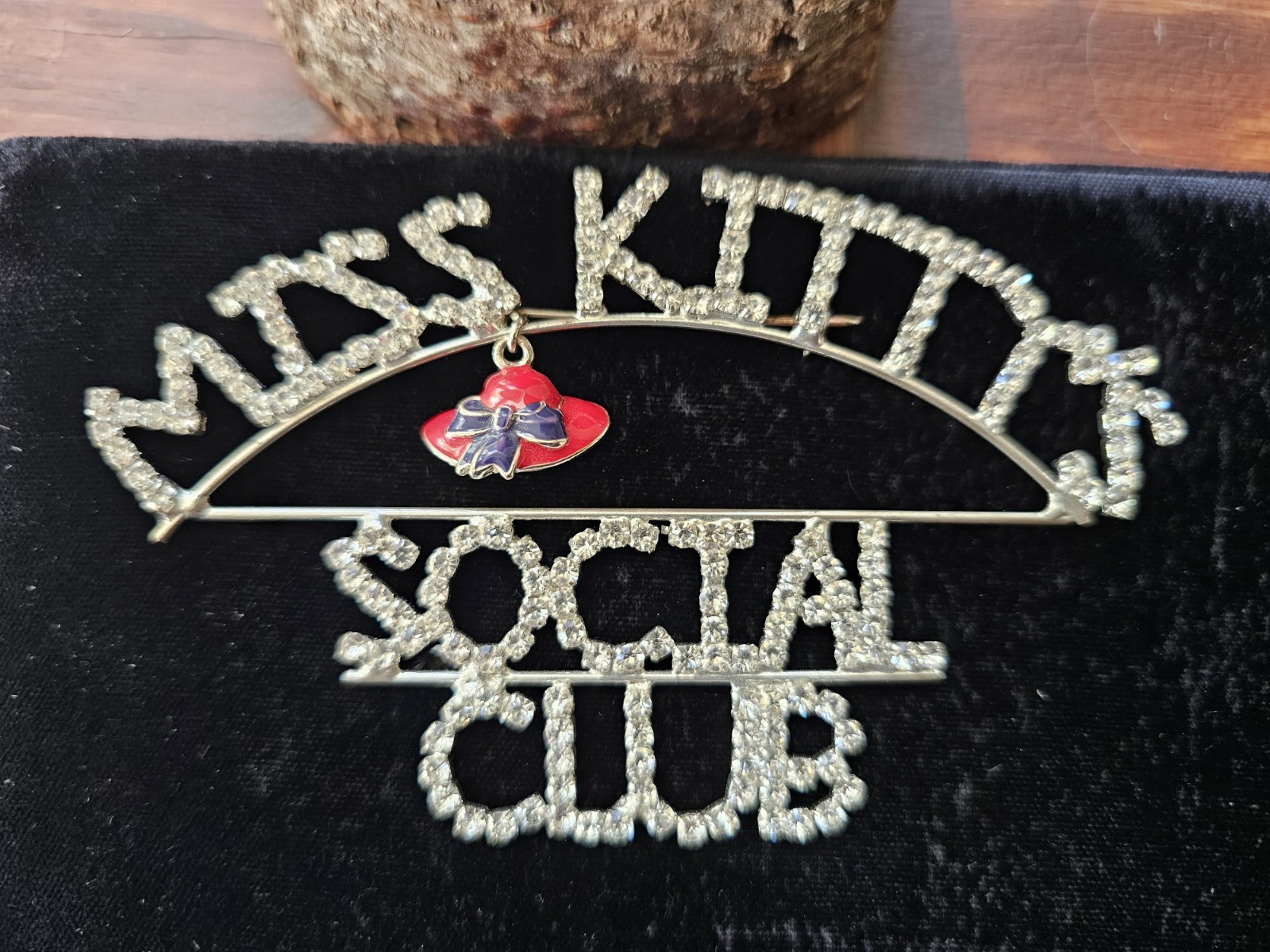 Vtg Brooch Red Hat Society Clear Rhinestones Silver Tone Spellout Bling W Charm