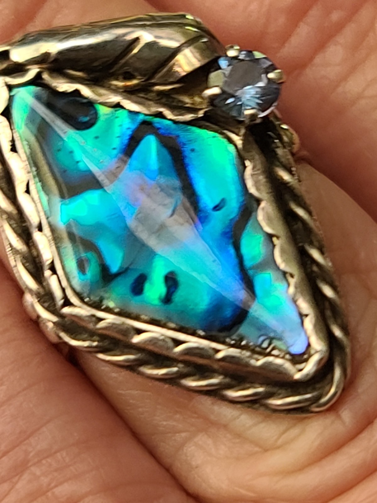 Vintage Paua Shell & Sterling Silver Ring Size 7 Leaf & Blue Rhinestone Accents