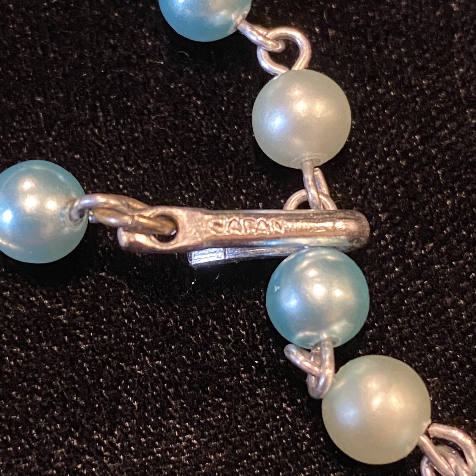 Vintage JAPAN three strand teal blue and white bead necklace. Great condition!