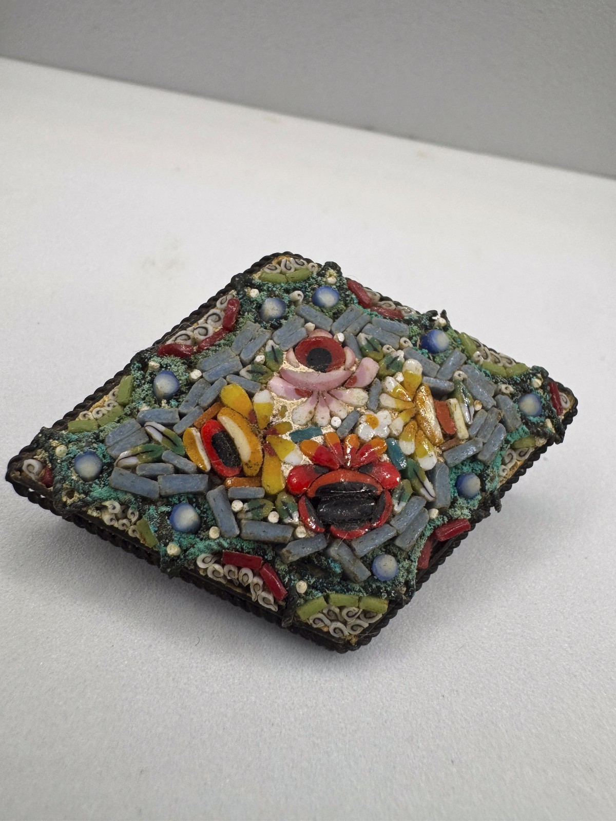 Vintage Italian Micro Mosaic Floral Brooch Pin Diamond Lozenge Glass Tile Italy