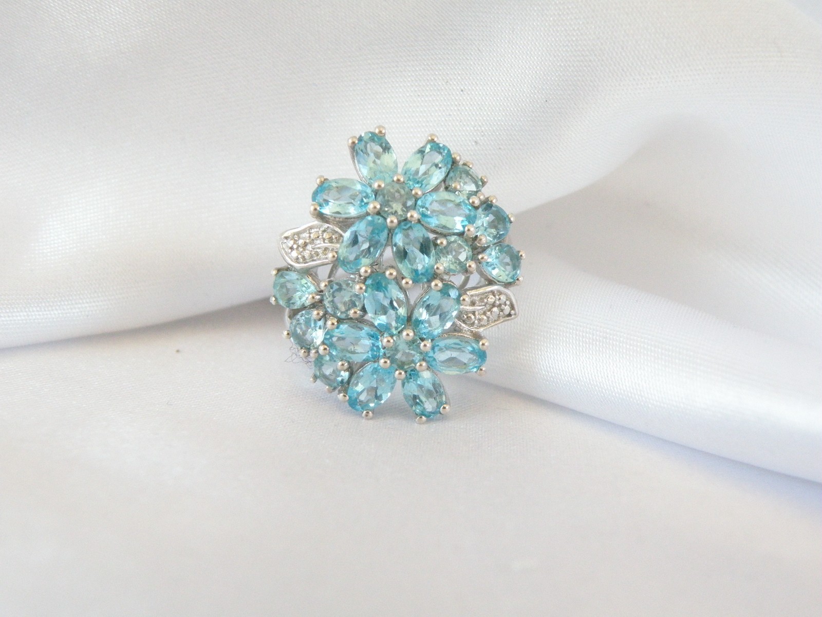 Vintage Sterling Silver 925 Cluster Natural Aqua Blue Apatite Large Ring Size 6