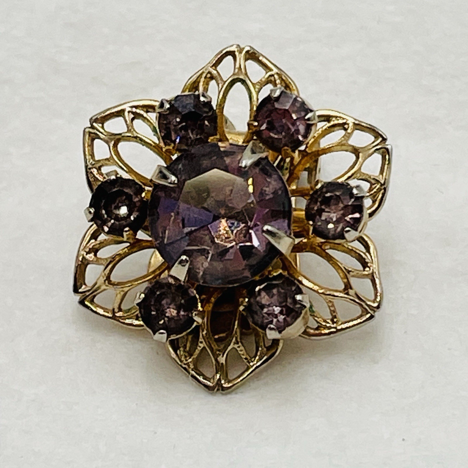 Purple Rhinestone Floral Cluster Clip on Earrings Lacy Gold Tone Metal VTG