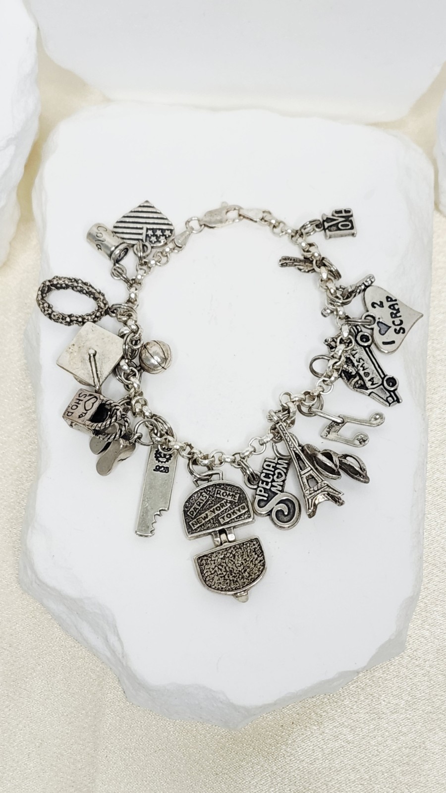 Vintage SJC Sterling Silver Link Charm Bracelet Heavily Loaded 18 Charms – 44g