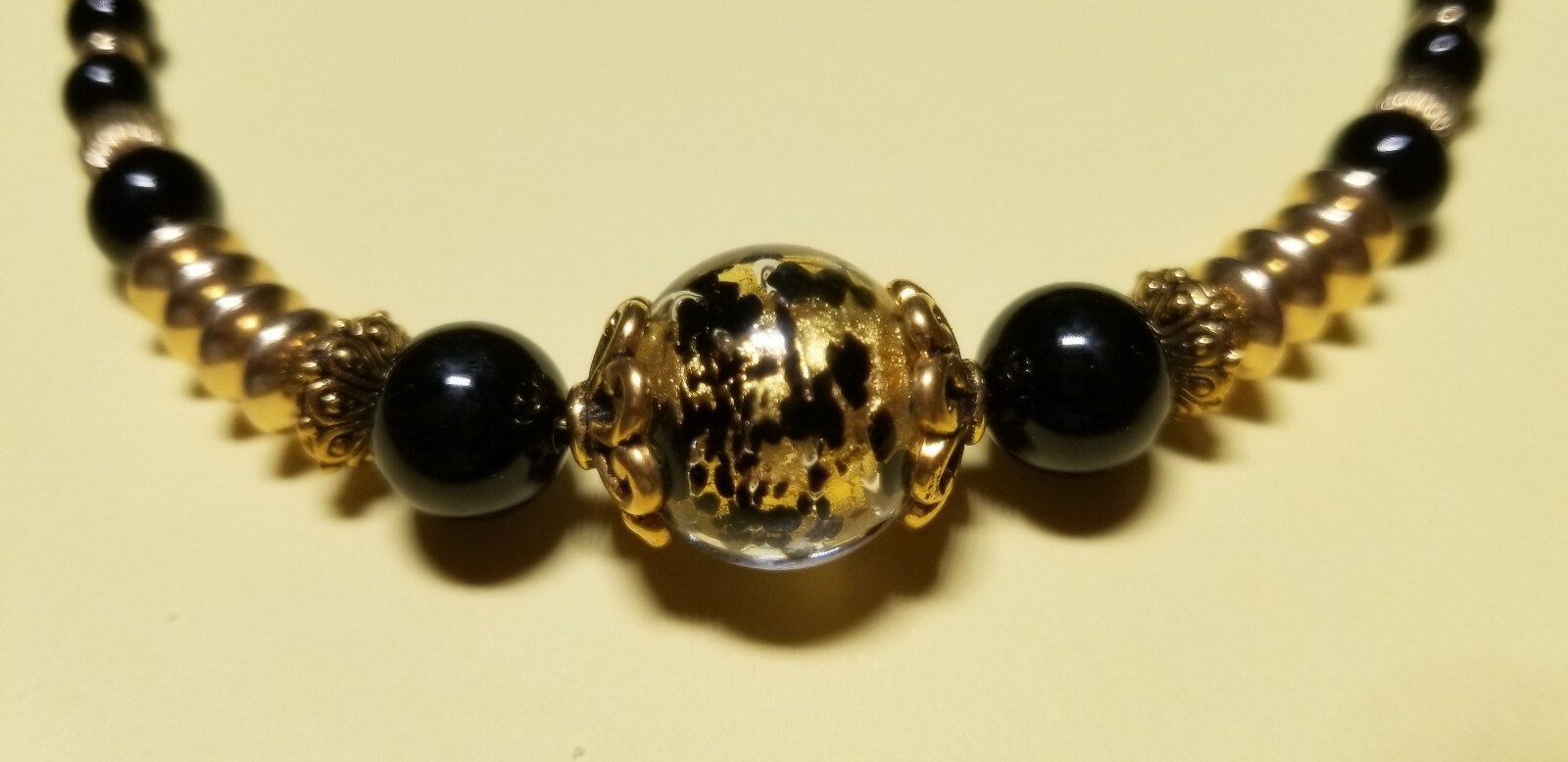 Vintage Black & Gold Beaded Necklace with Foil Art Bead Accent Toggle Closure