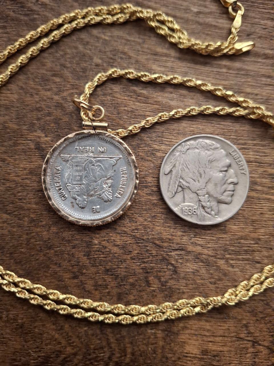 1893 Guatemala Silver & Hammered Gold Coin Necklace, 1 Real, USA Shop Made COA