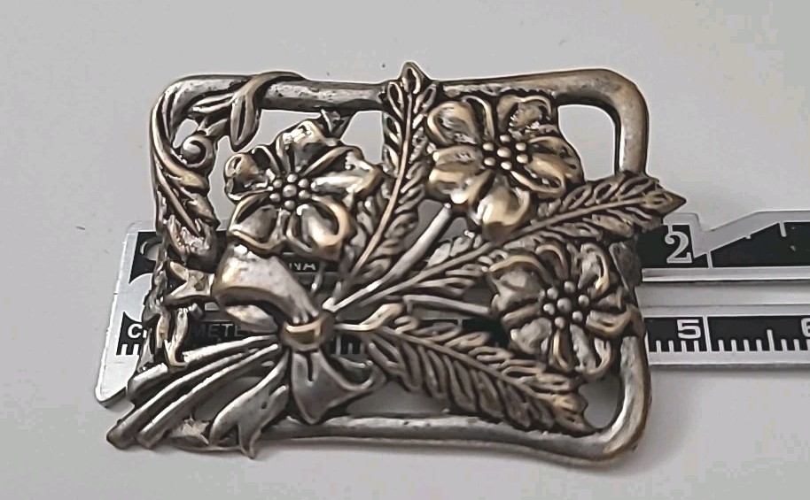 Vintage Silver Plate 2″ Pin Brooch Flowers Bouquet w Bow 1940s Jewelry Victorian