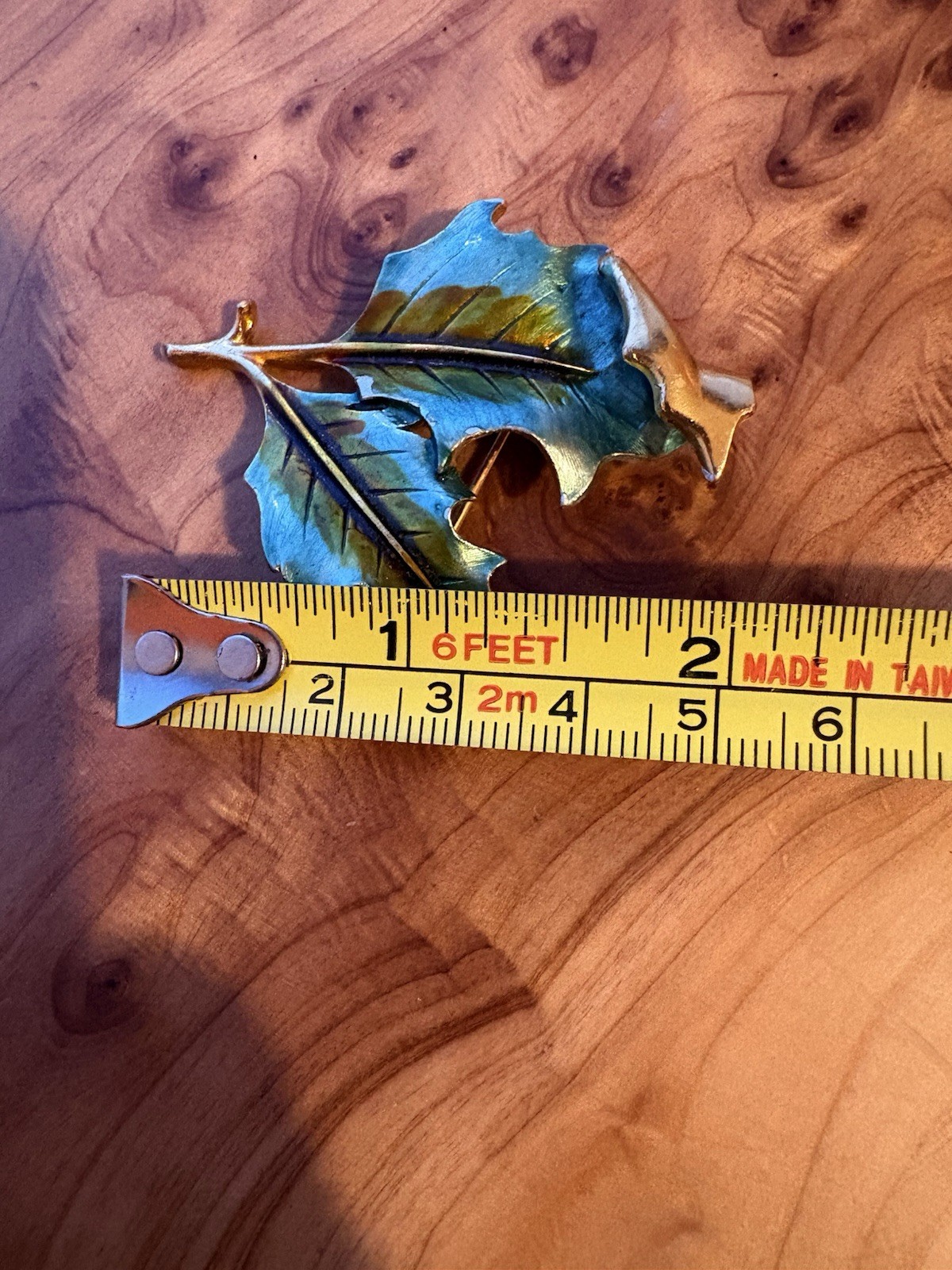 Exquisite Vintage Leaf Brooch Green Enamel Heavy Gold Gilt Finish 2”
