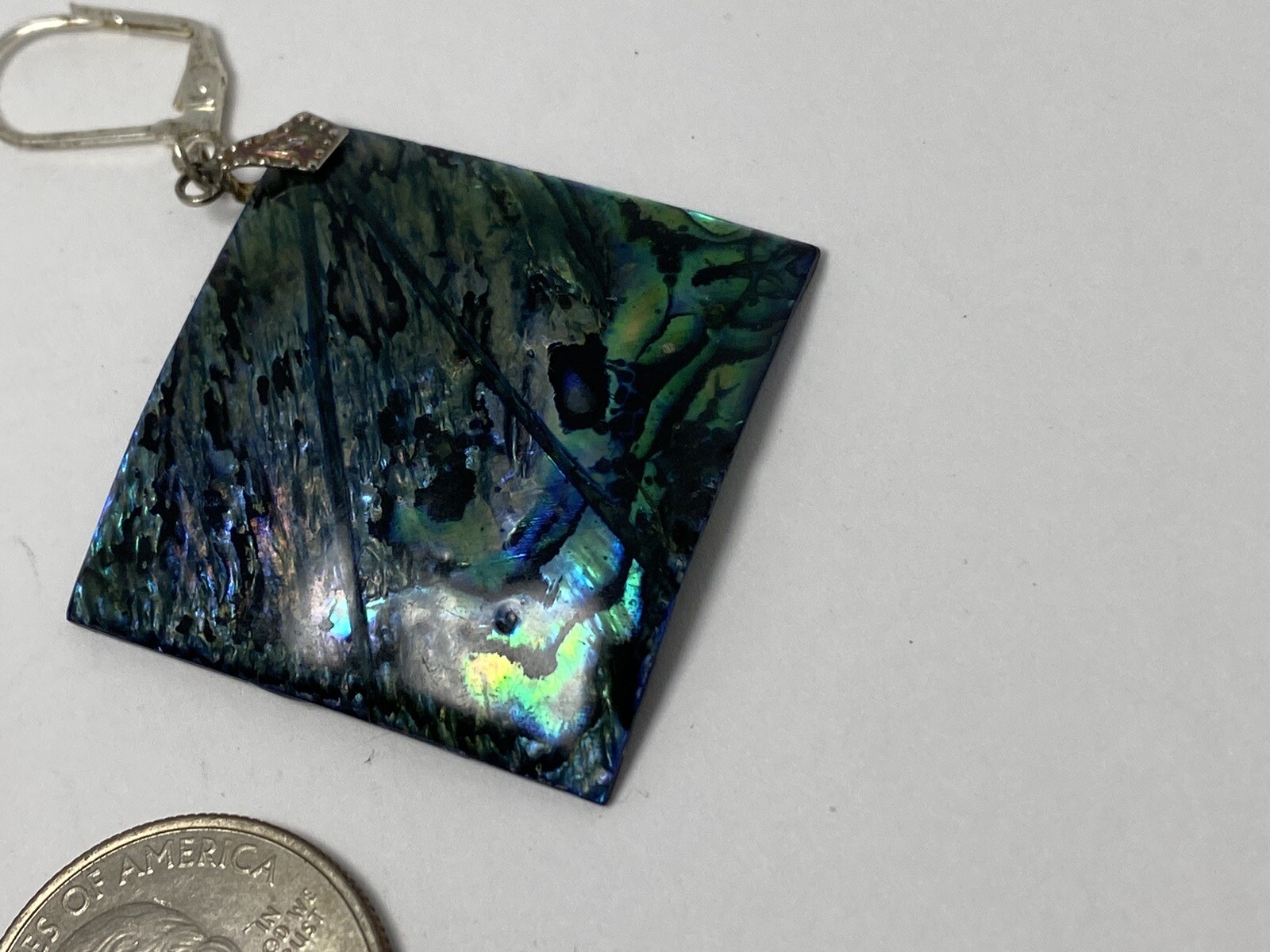 Vintage Large Iridescent Blue Green Abalone Shell Paua Square Dangle Earrings