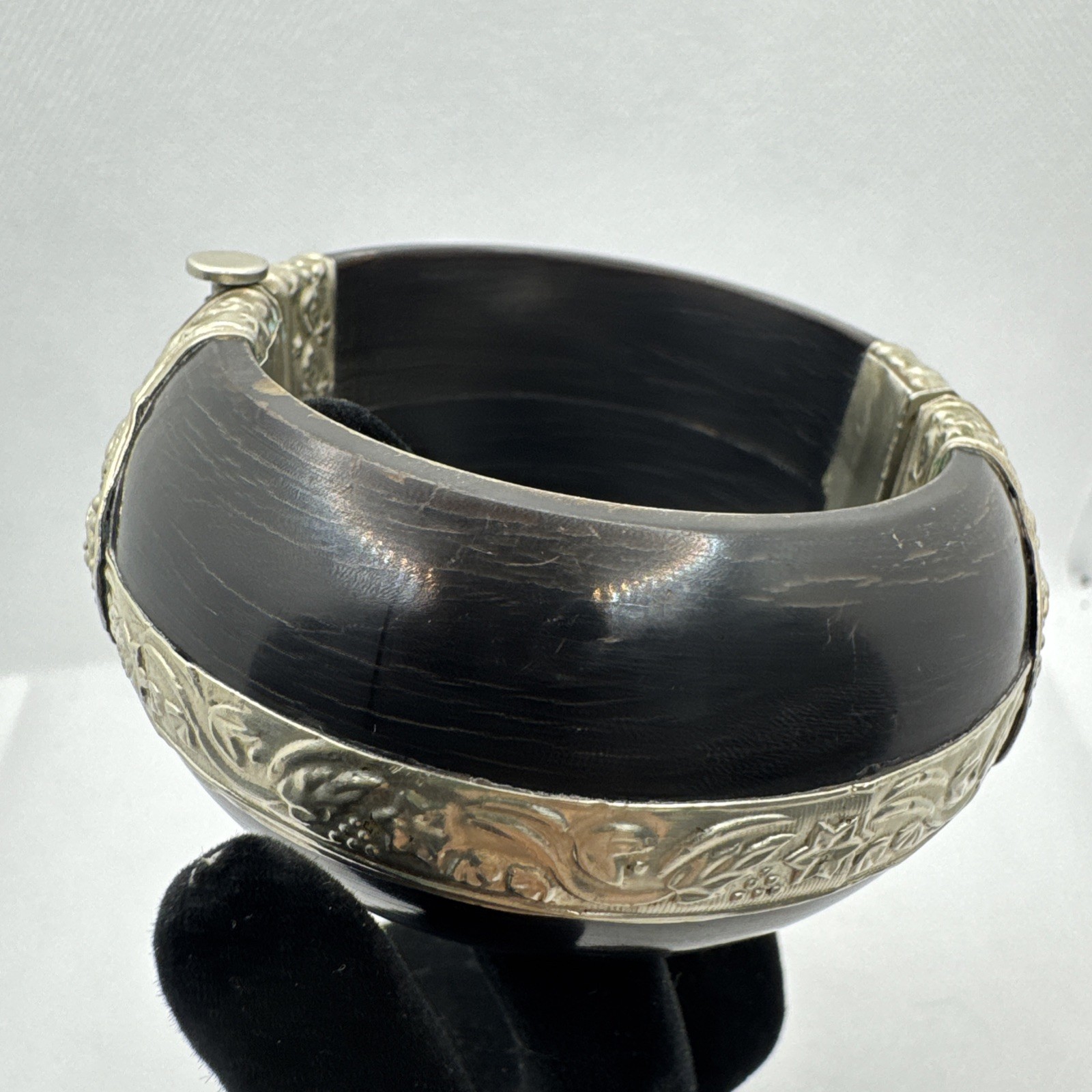 VTG Bone Black Bangle Bracelet with Silver Tone Findings and Trumpet Pin Closure