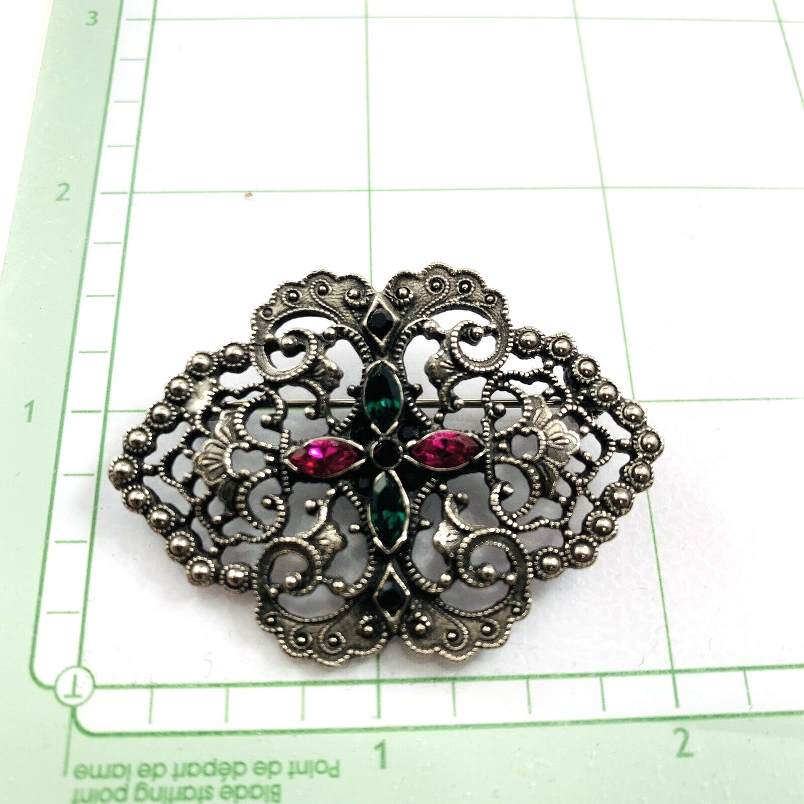 Vintage 1928 Brand Pink and Green Rhinestone Silver Tone Brooch Pin