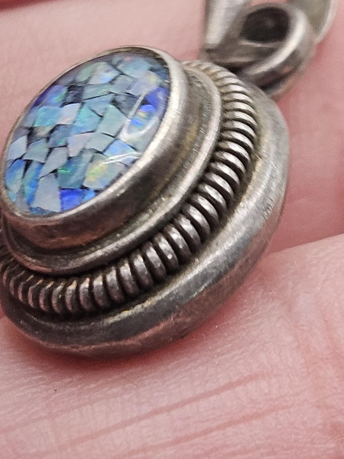 Vintage Sterling Silver Mosaic Opal Inlay Pendant