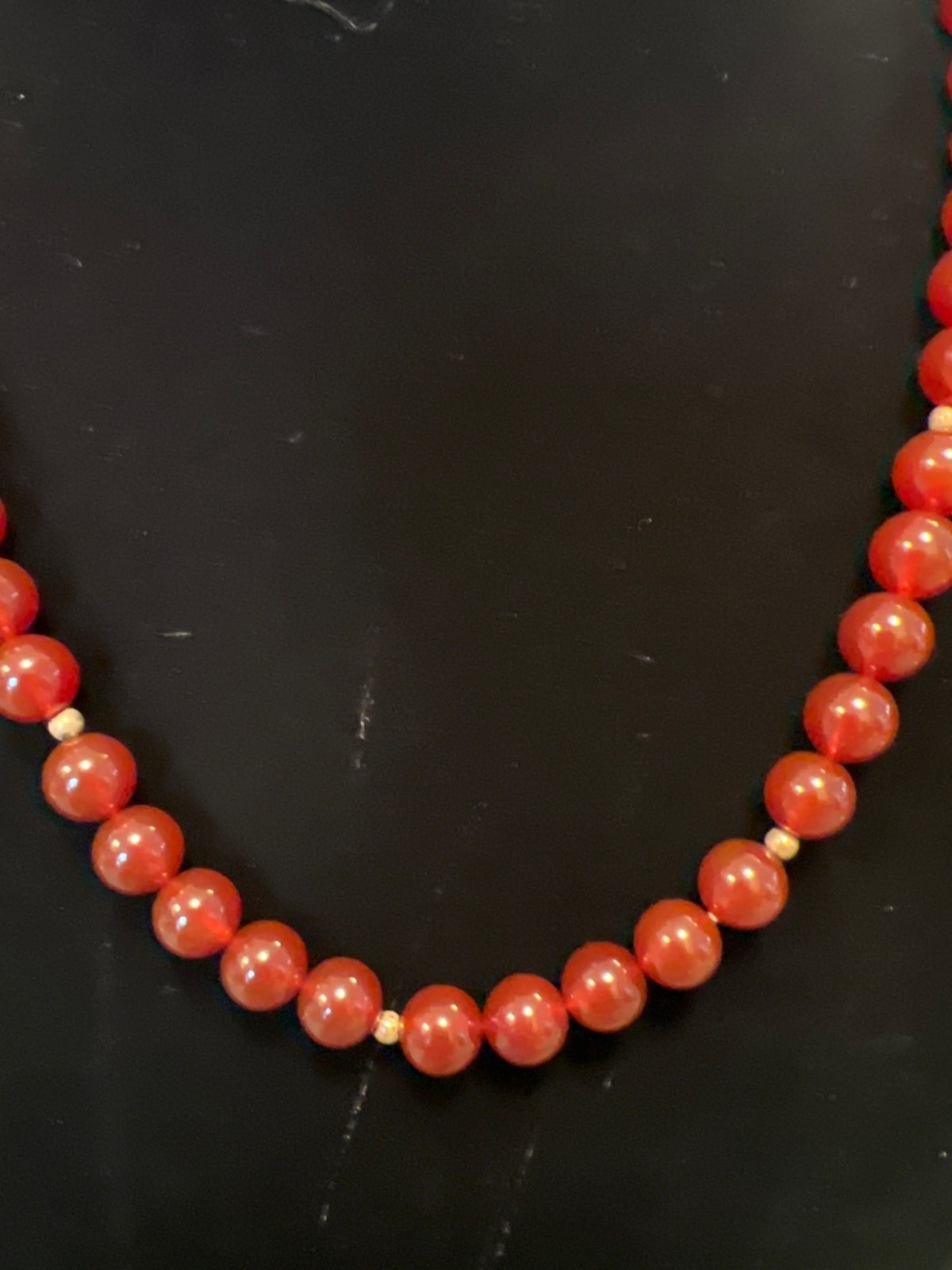Vintage Red Beaded Necklace Carnelian ? Gold Accents 10k Safety Clasp Closure