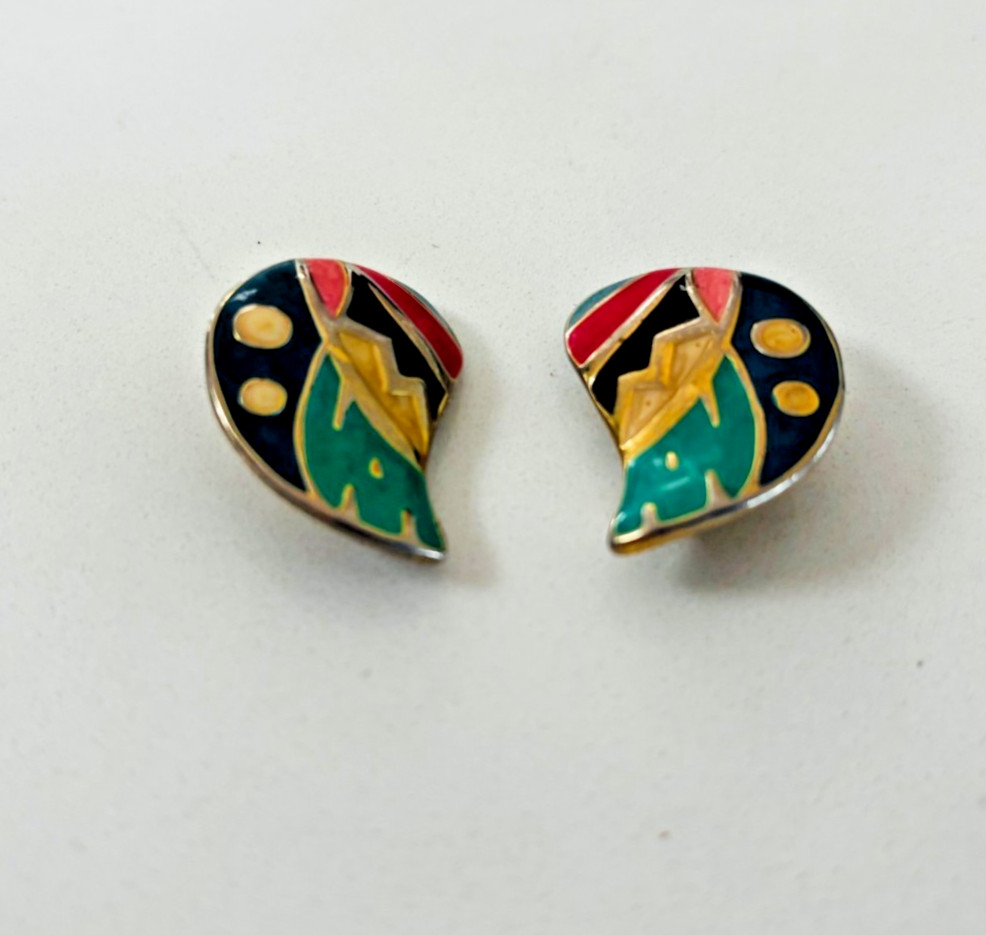 Vintage Fernando Originals F.O. Enamel Clip-On Earrings Abstract 80s Gold Tone