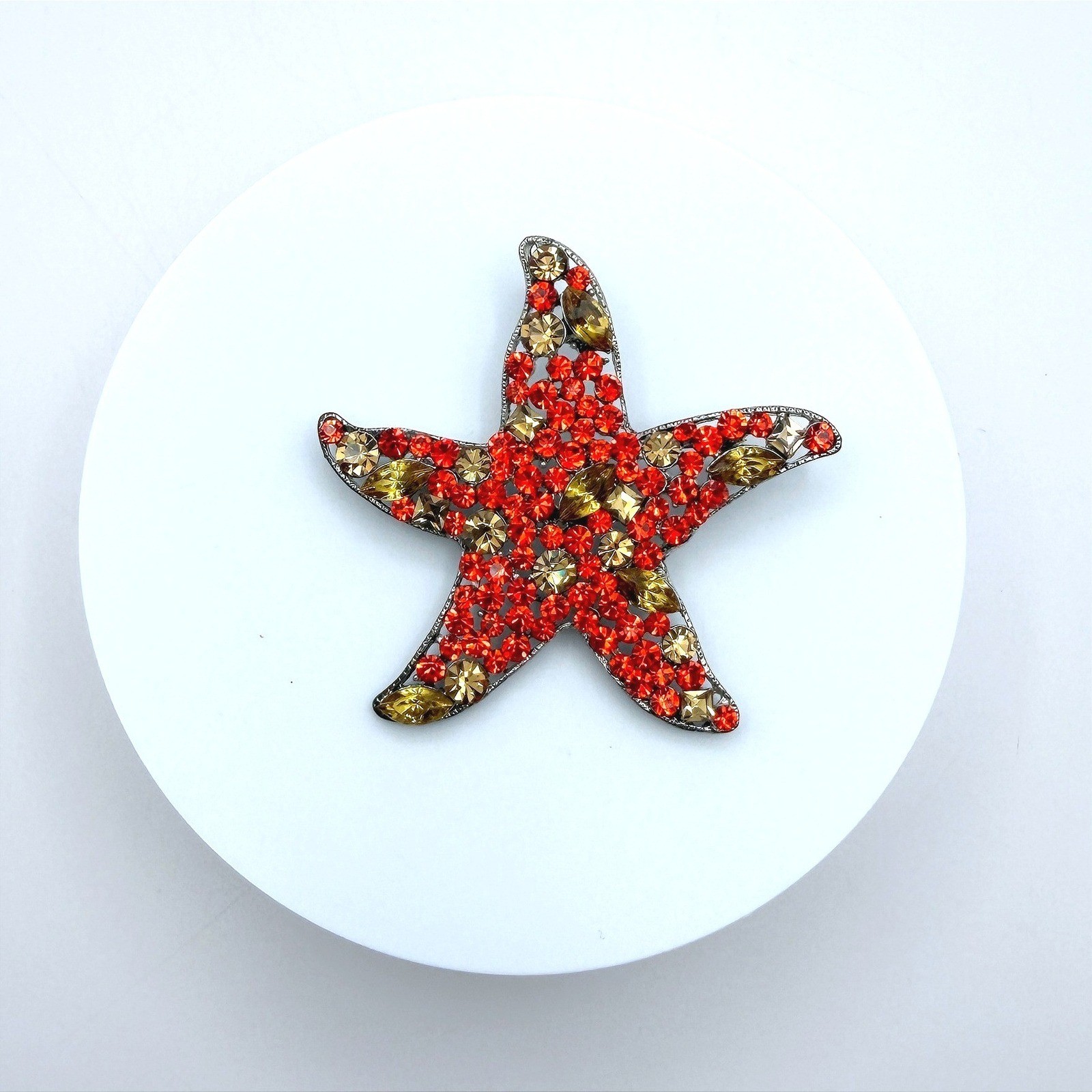 Vintage Red Yellow Rhinestones Silver-Tone Aluminium Starfish-Shaped Brooch Pin
