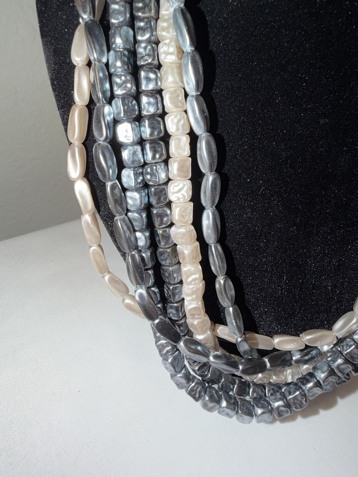 Vintage Hong Kong Marbled Gray Beads Different Shapes Multi Strand Necklace