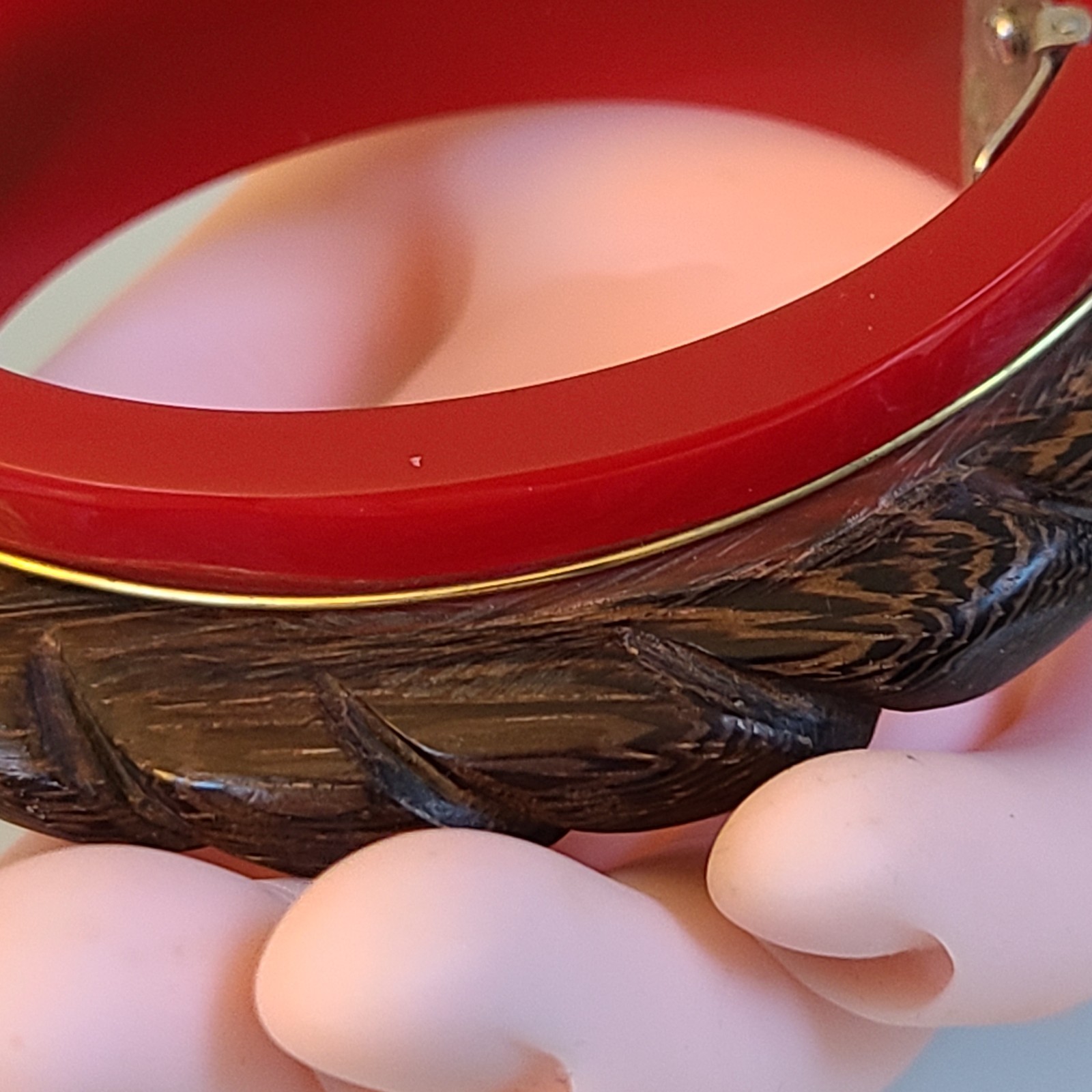 DANNIJO Vintage Carved Wood & Red Resin Hinged Bangle Bracelet Chunky Boho Cuff