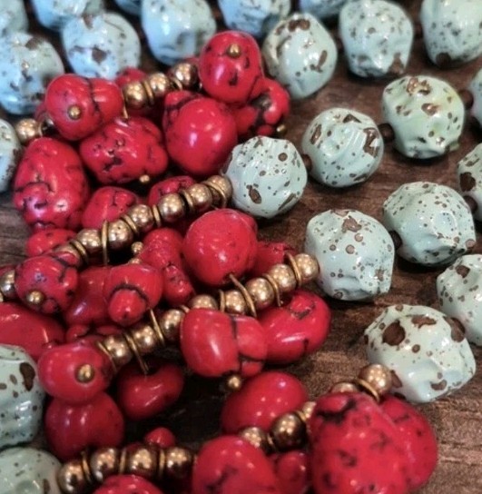 Vtg Handcrafted Turquoise Red Coral Chunky Four Strand Beaded Statement Necklace