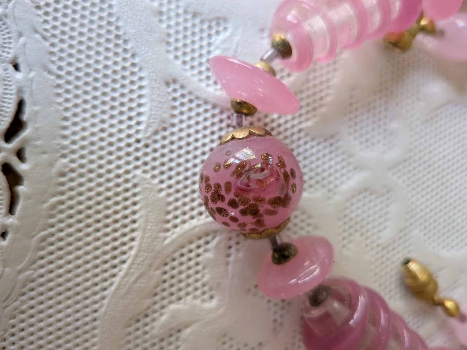 New Vintage Venetian W/Label Pink Aventurine Wound Glass Bead Necklace 22 Inches
