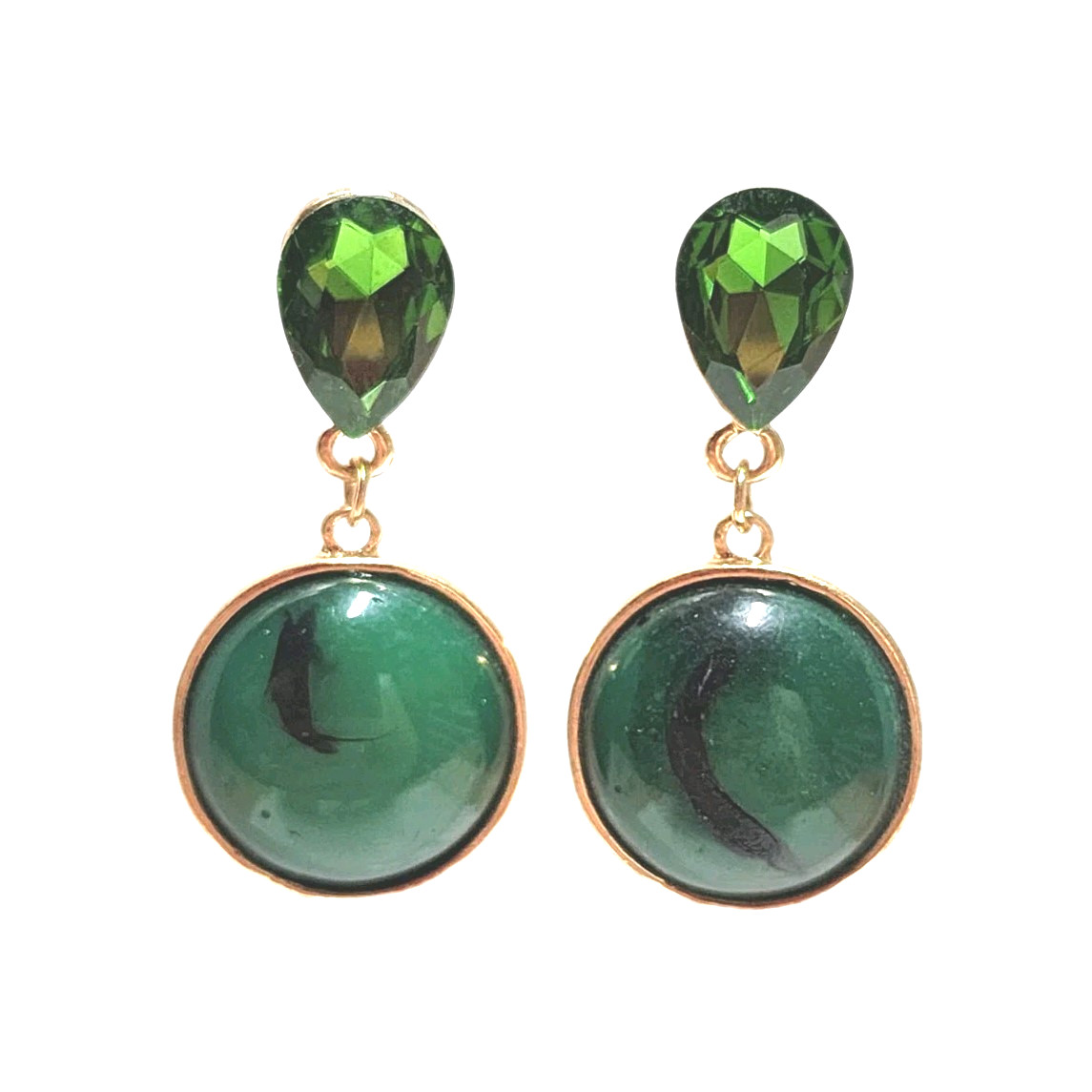 Vintage Green Faux Stone Rhinestone Gold Tone Dangle Earrings Teardrop Round GUC