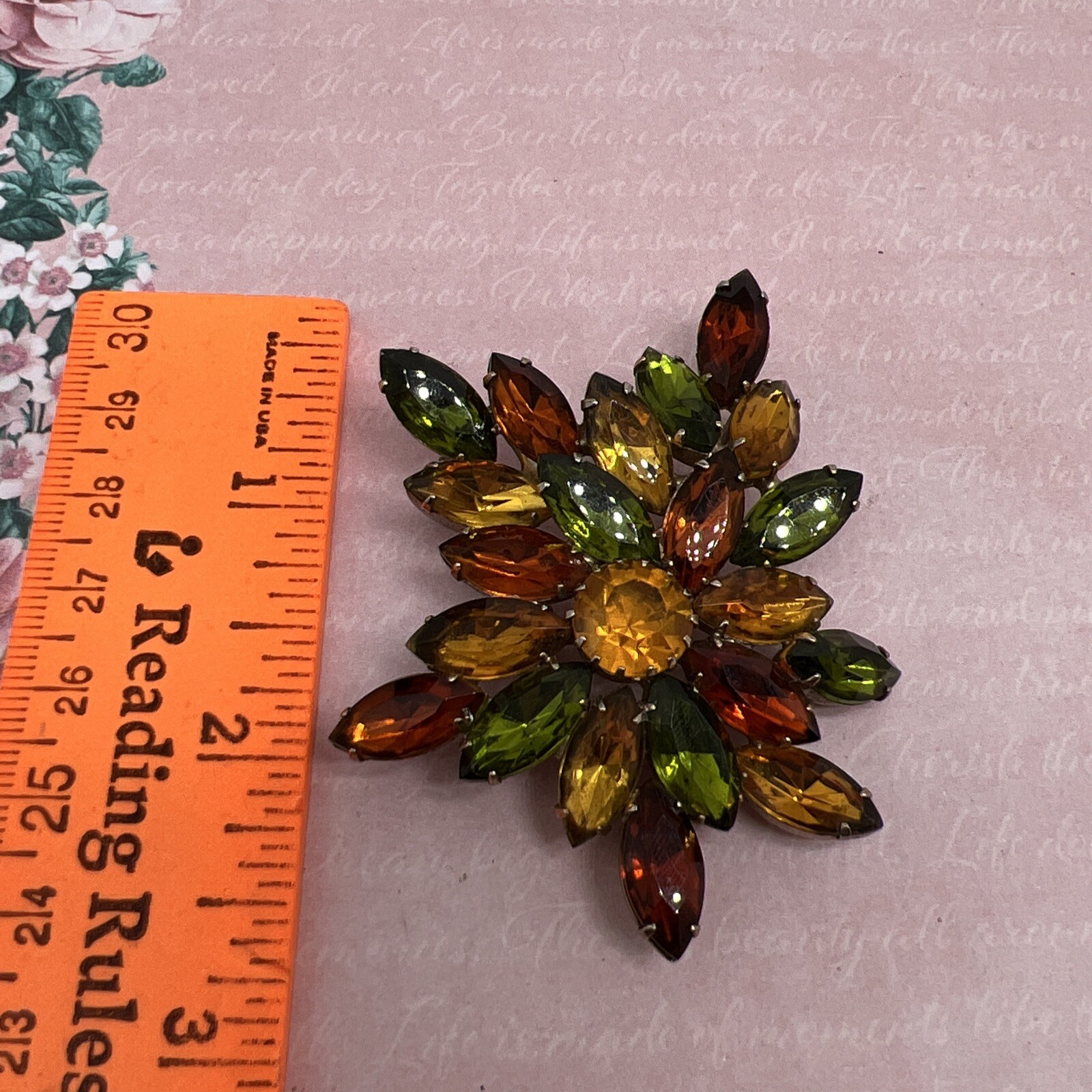 Vintage Beautiful fall colors brown orange yellow green Rhinestone brooch pin