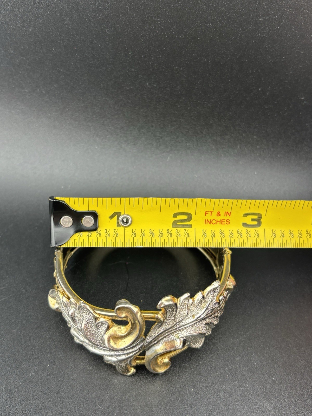Victorian Revival Leaf Two Toned VTG Hinged Bangle Bracelet 2 3/8 Inch Diameter